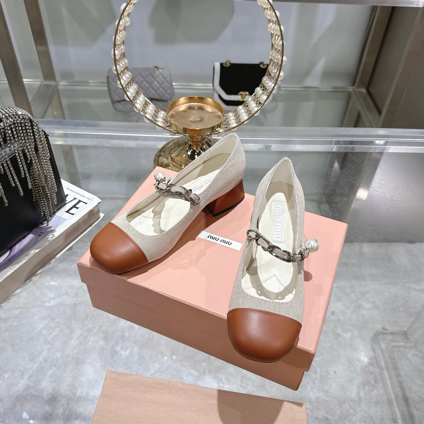 Miu 25C Mary Jane 45MM Beige Cream Mix Brown Fabric 235365