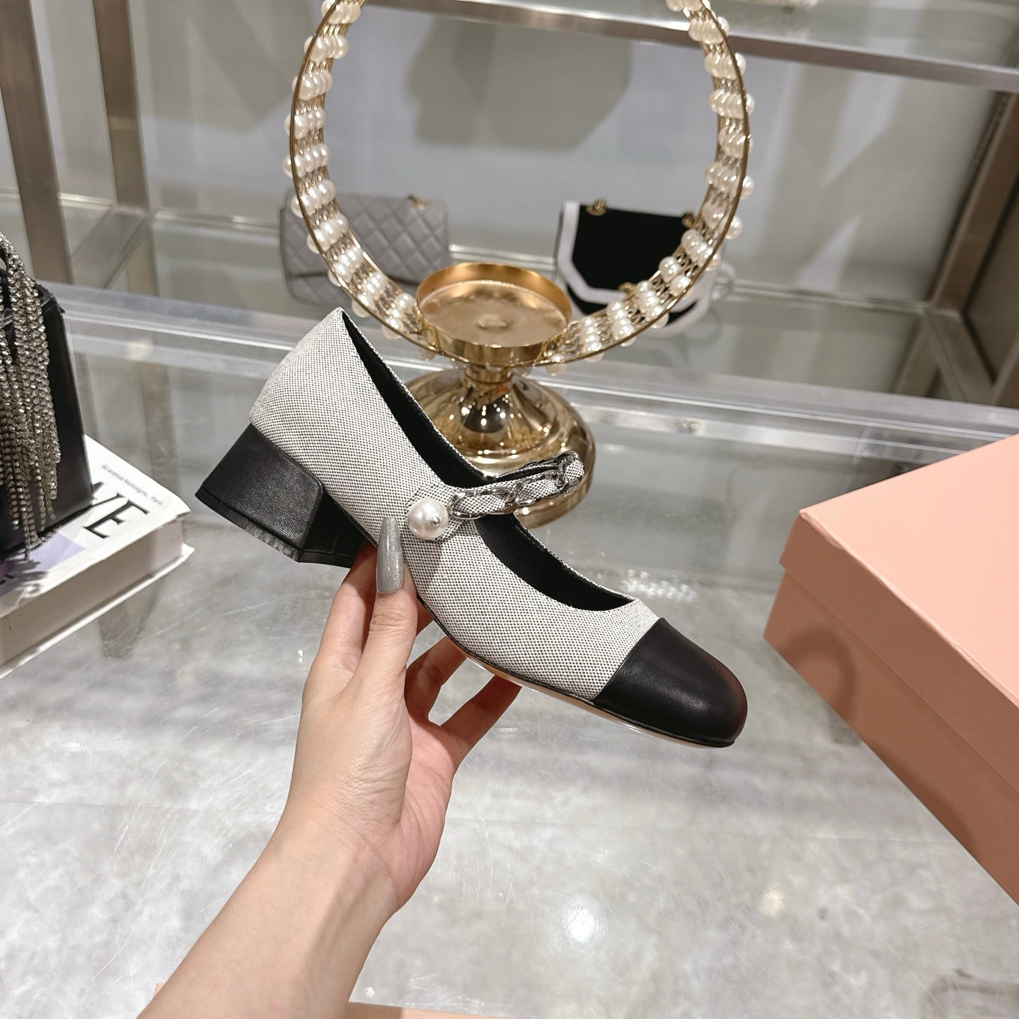 Miu 25C Mary Jane 45MM Beige Gray Mix Black Fabric 235366