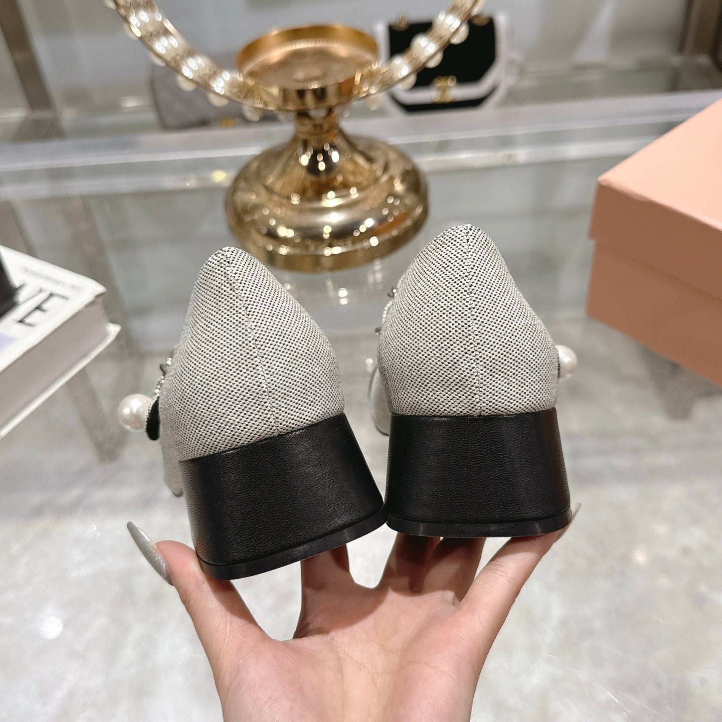 Miu 25C Mary Jane 45MM Beige Gray Mix Black Fabric 235366