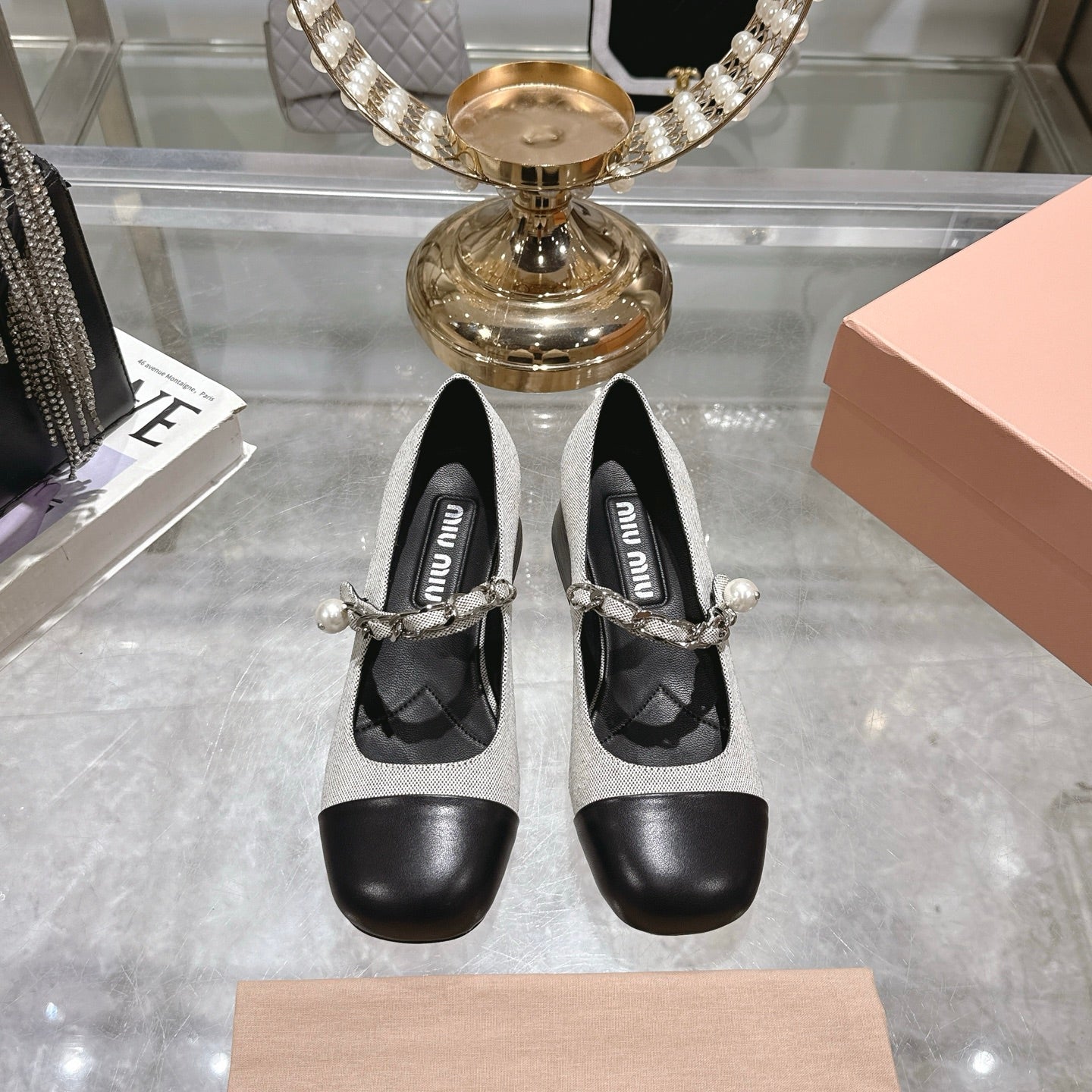 Miu 25C Mary Jane 45MM Beige Gray Mix Black Fabric 235366