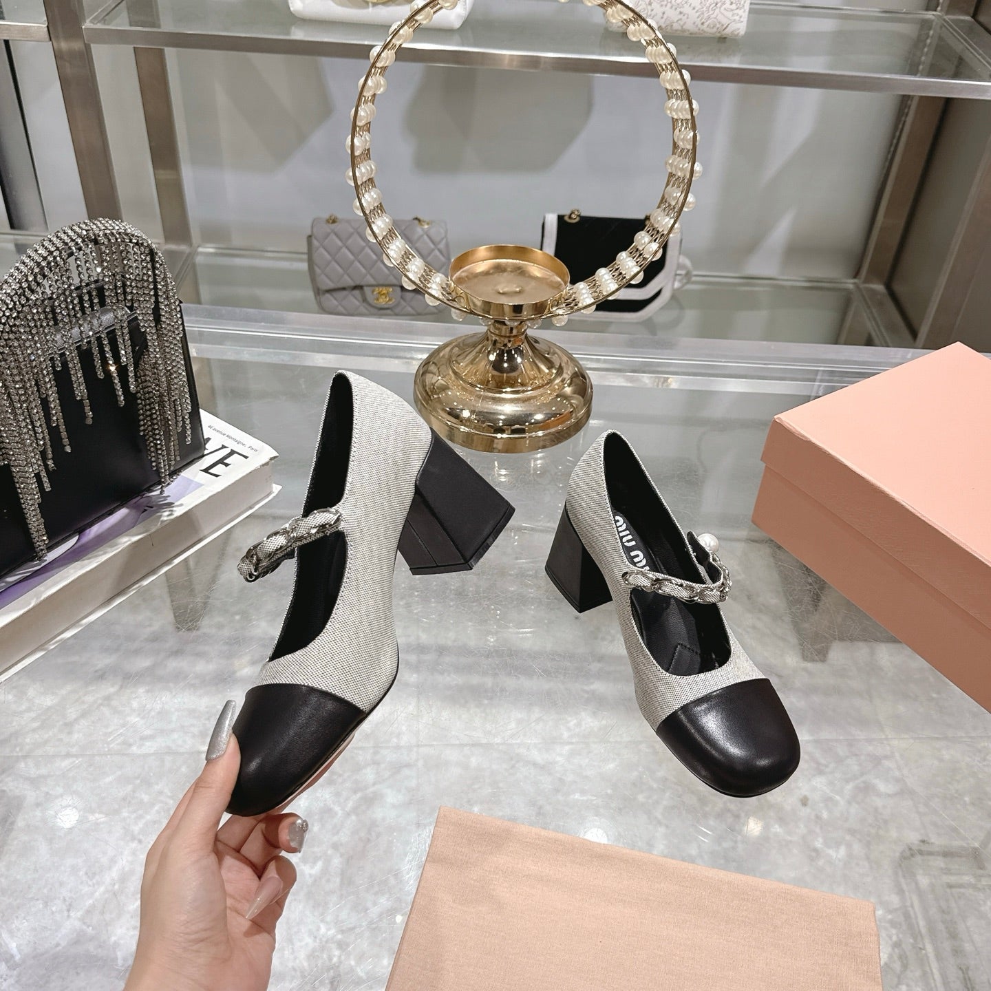 Miu 25C Mary Jane 75MM Beige Gray Mix Black Fabric 235368