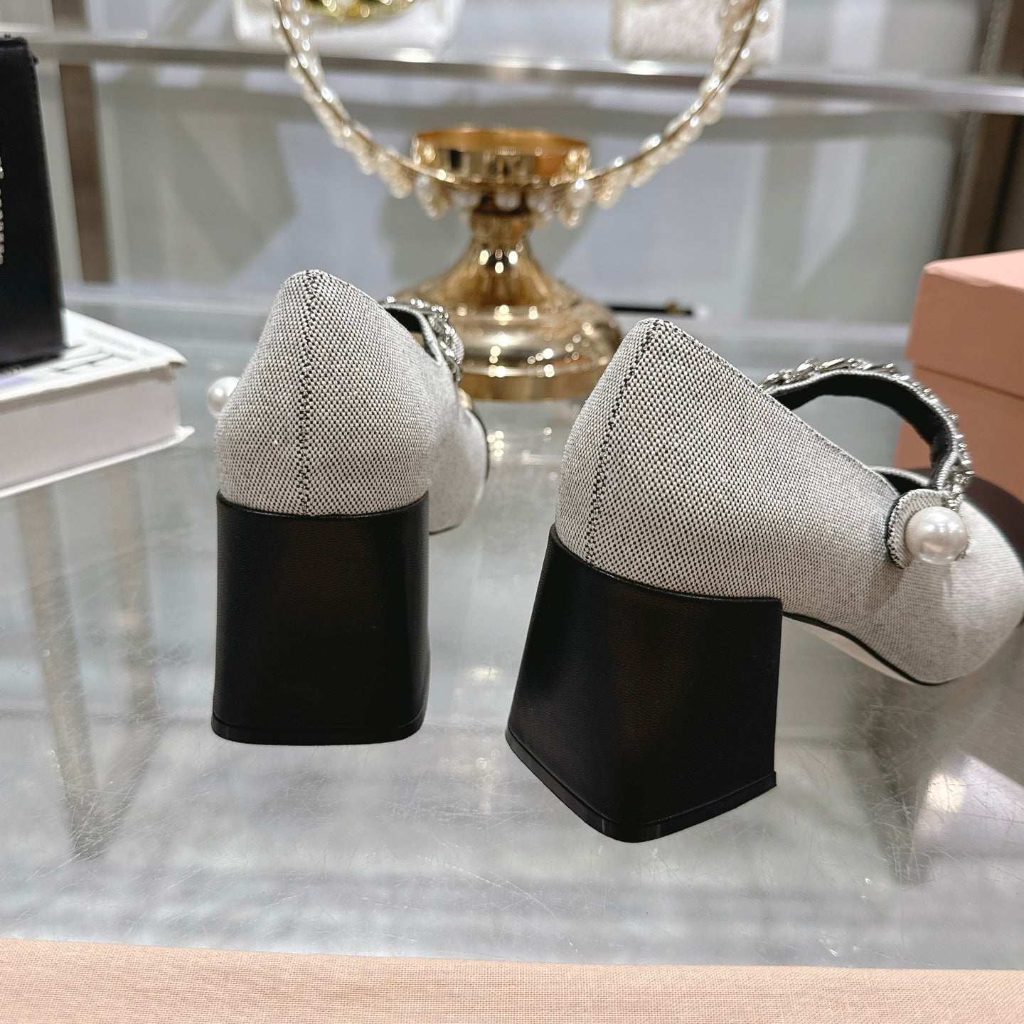 Miu 25C Mary Jane 75MM Beige Gray Mix Black Fabric 235368