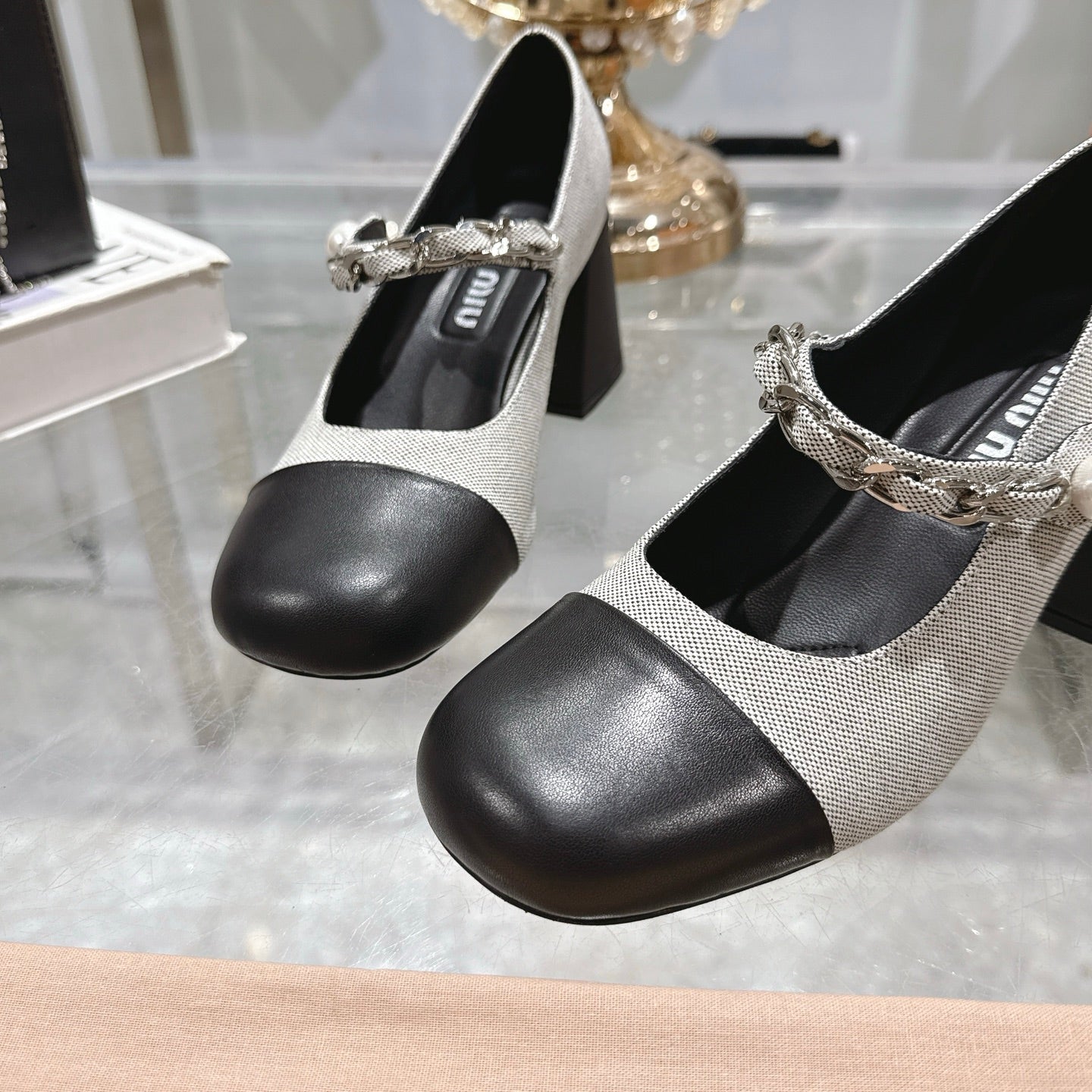 Miu 25C Mary Jane 75MM Beige Gray Mix Black Fabric 235368