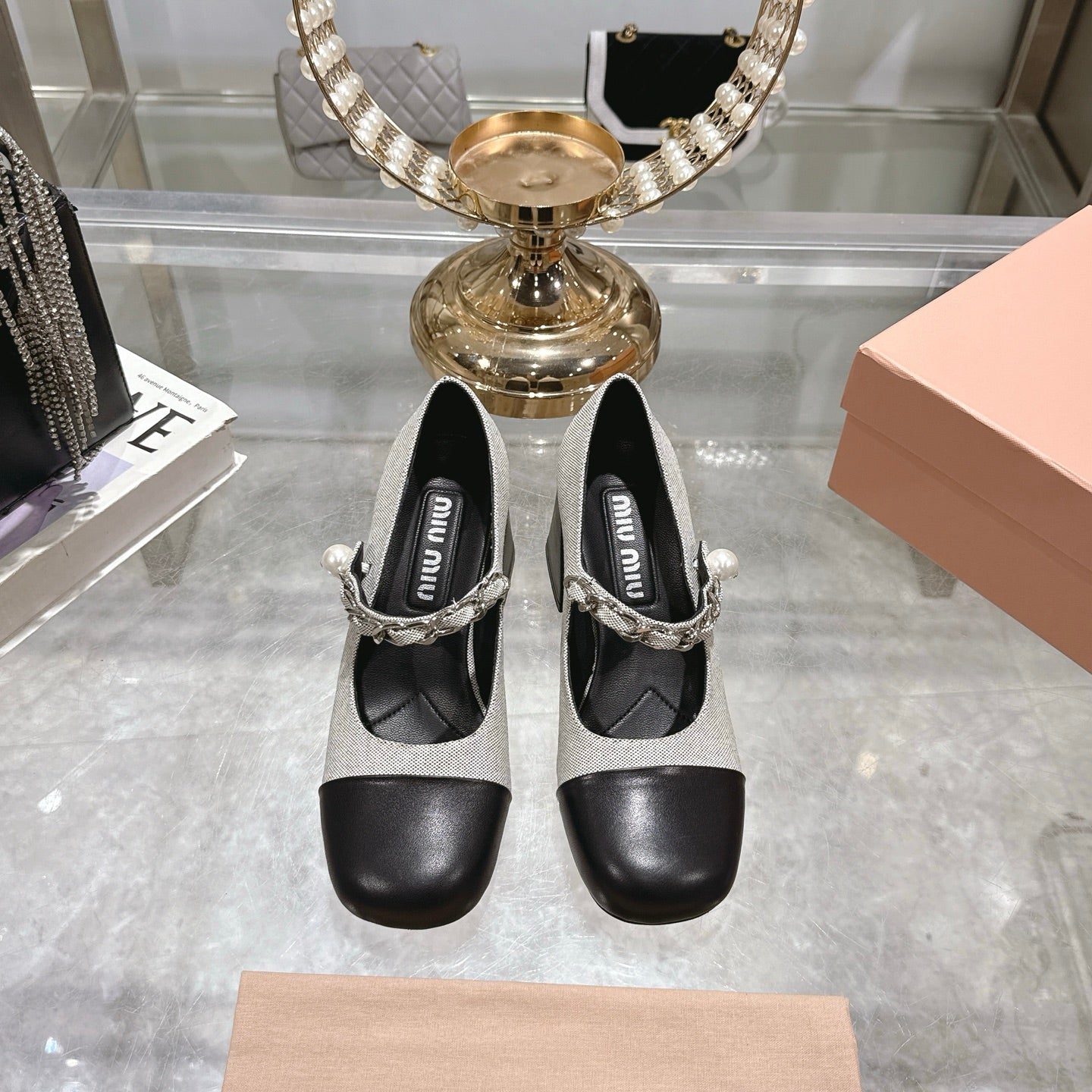 Miu 25C Mary Jane 75MM Beige Gray Mix Black Fabric 235368