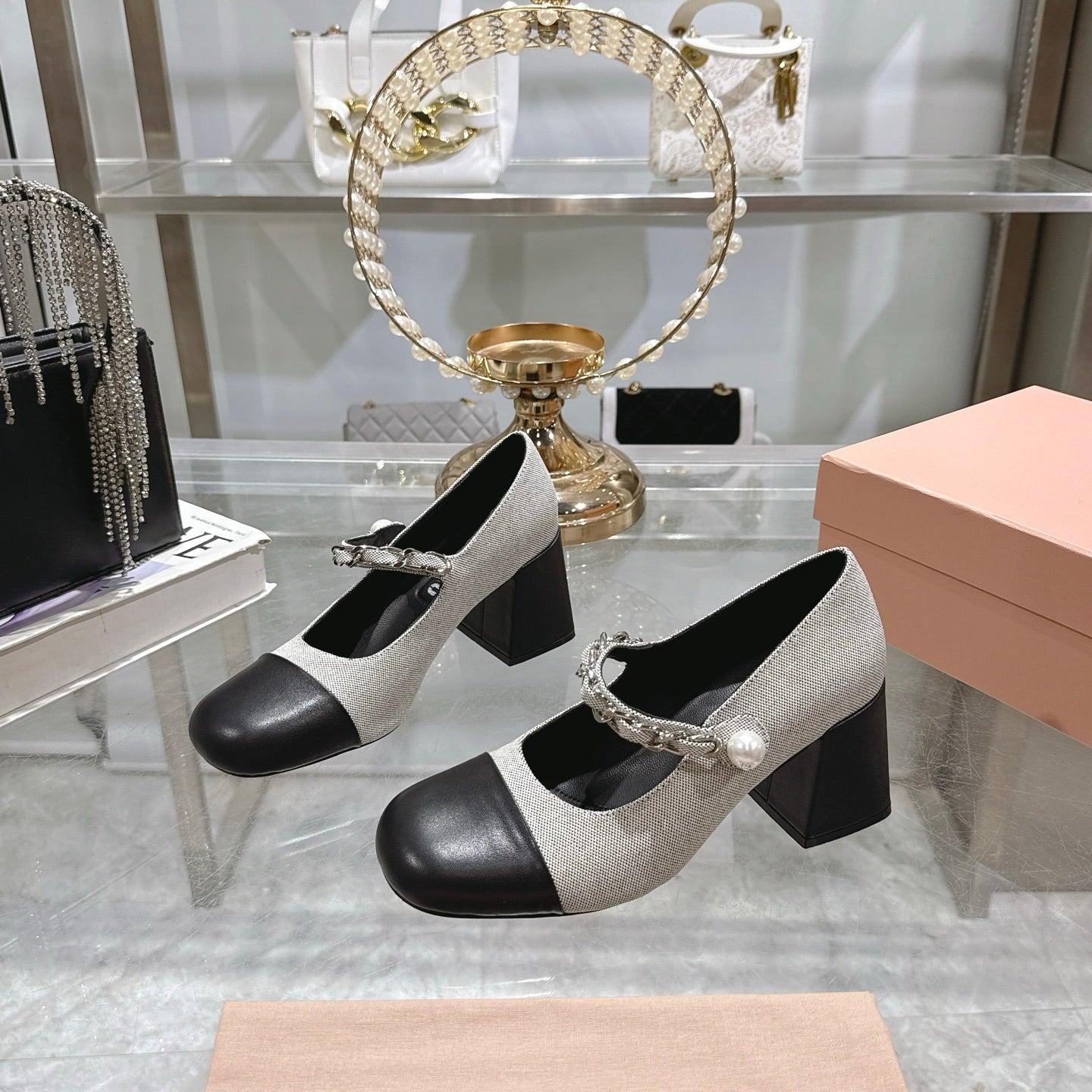 Miu 25C Mary Jane 75MM Beige Gray Mix Black Fabric 235368