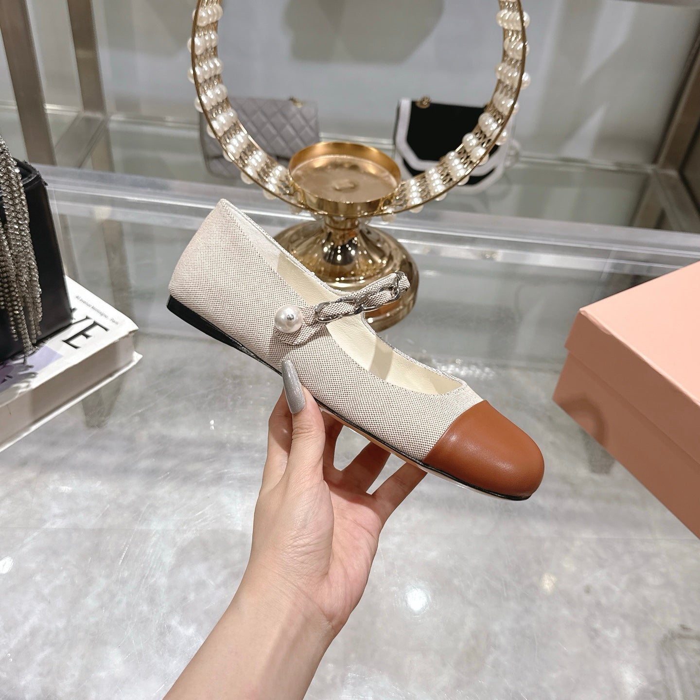 Miu 25C Mary Jane Flat Beige Cream Mix Brown Fabric 235369