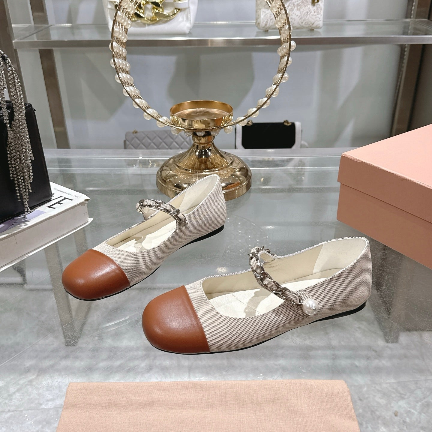 Miu 25C Mary Jane Flat Beige Cream Mix Brown Fabric 235369