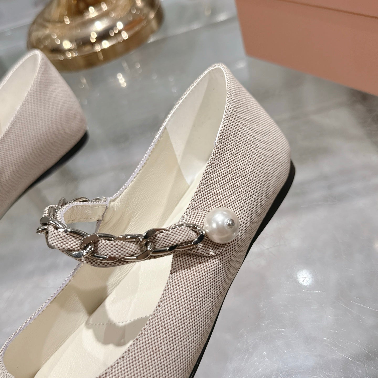 Miu 25C Mary Jane Flat Beige Cream Mix Brown Fabric 235369