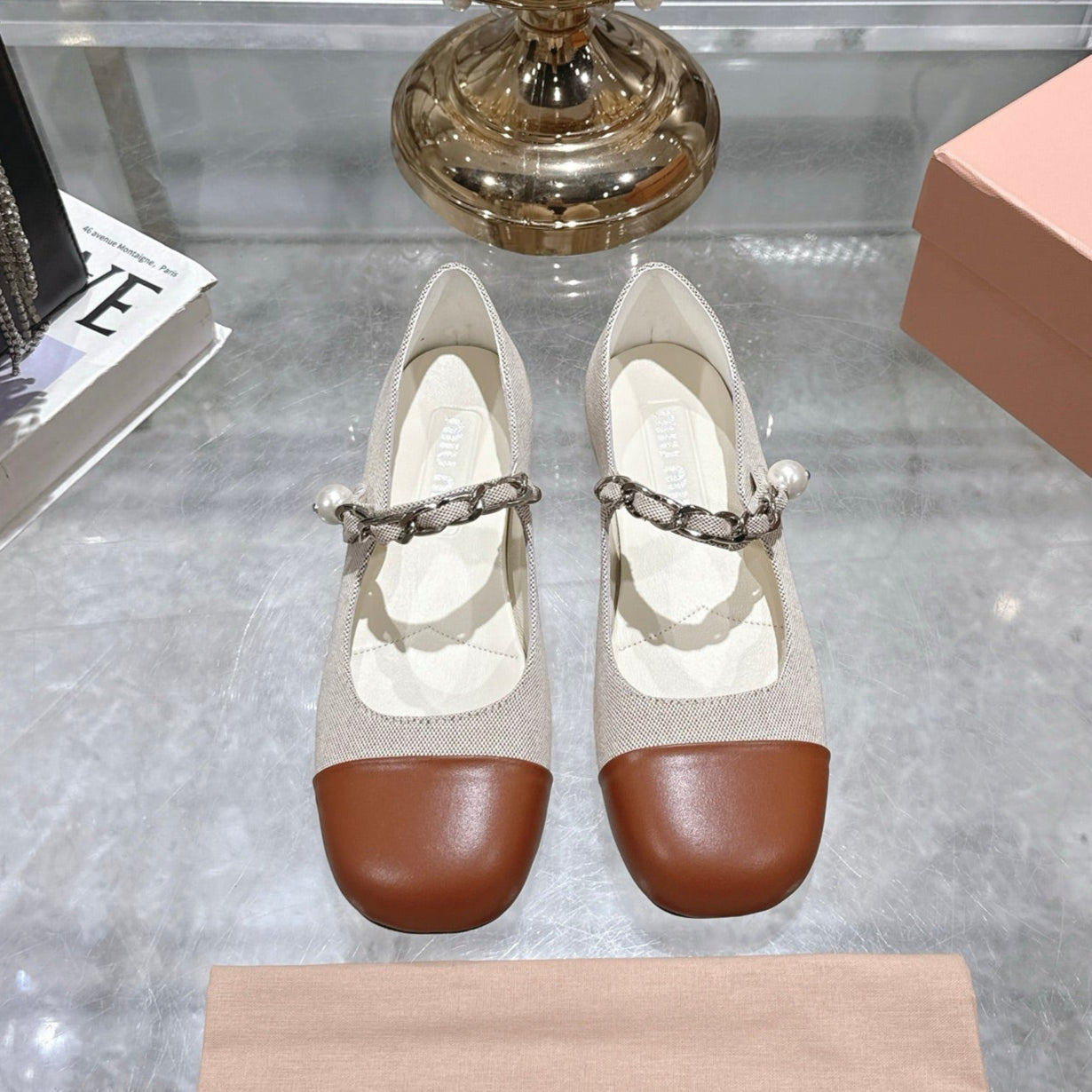Miu 25C Mary Jane Flat Beige Cream Mix Brown Fabric 235369