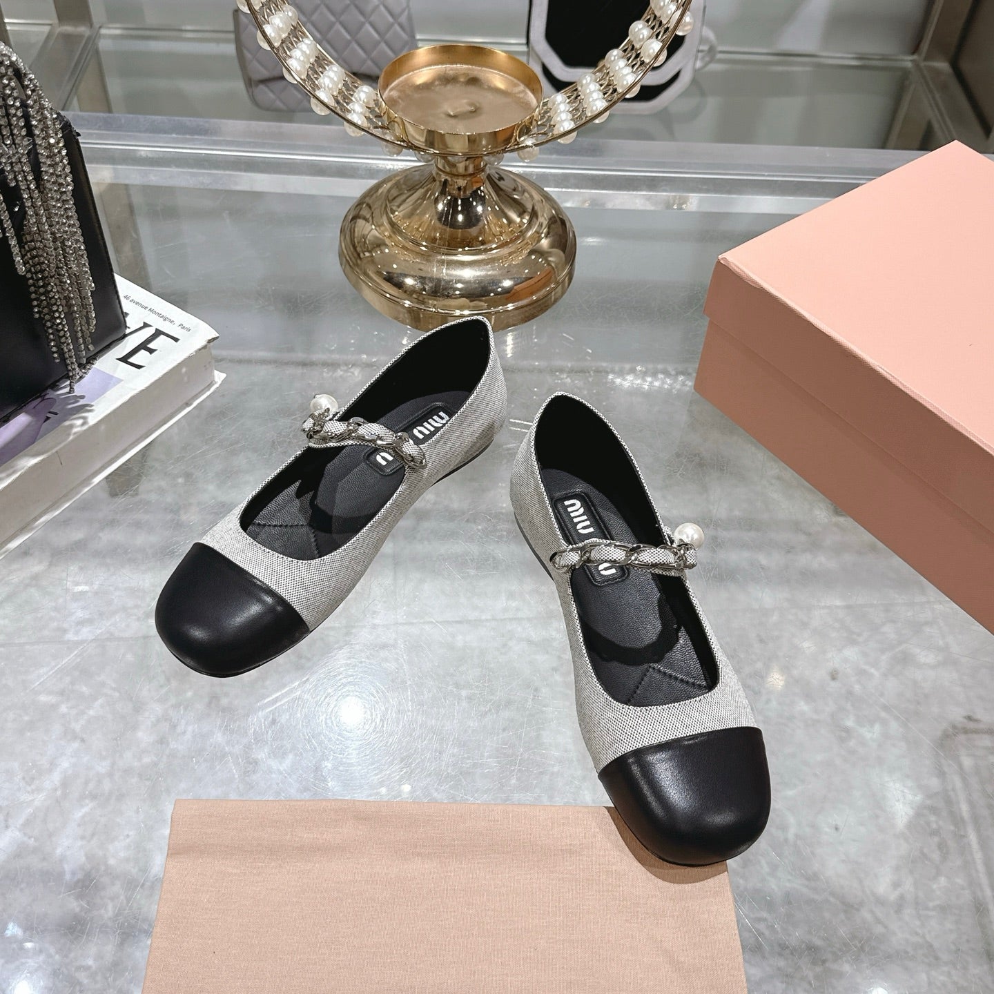 Miu 25C Mary Jane Flat Beige Gray Mix Black Fabric 235370