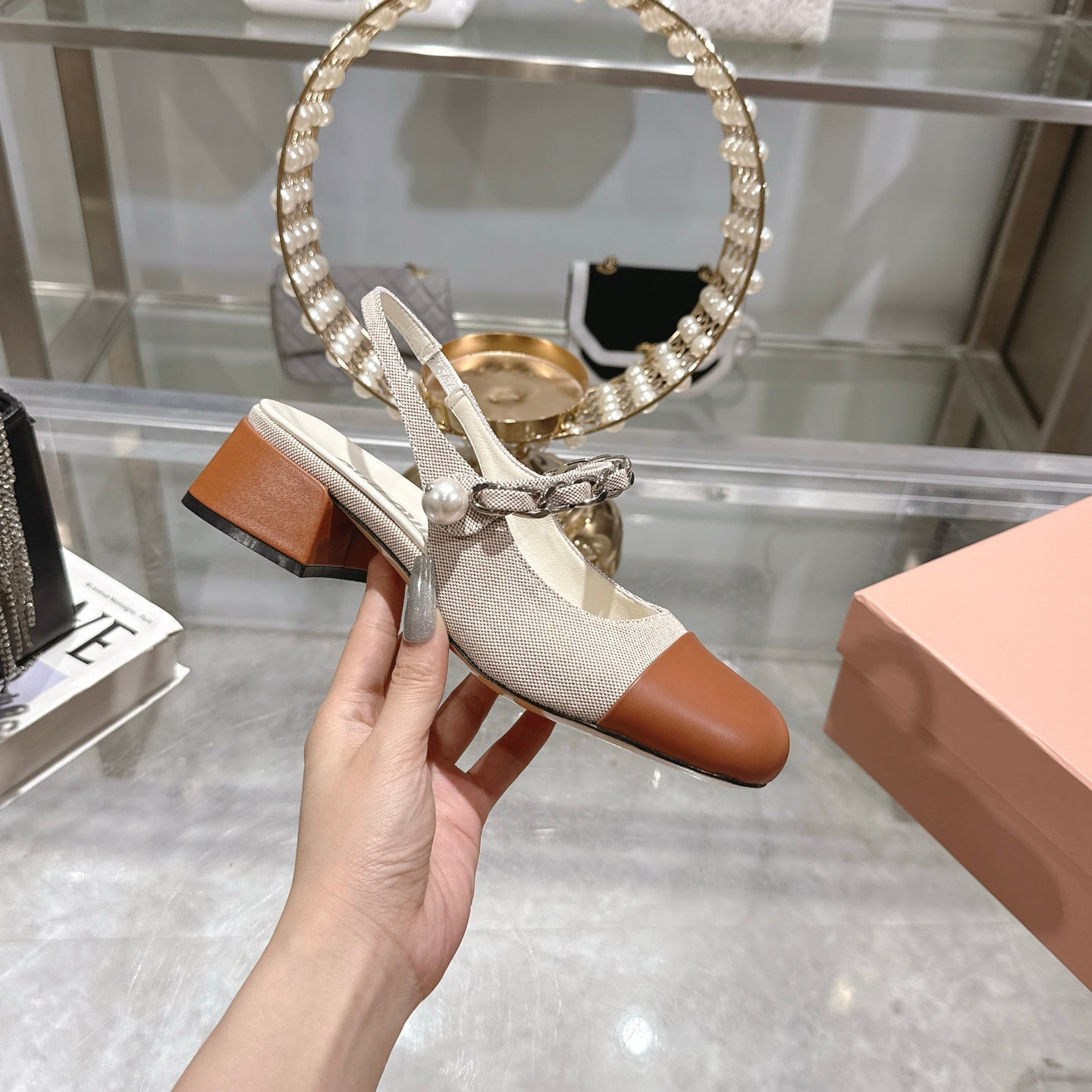 Miu 25C Slingback Pump 45MM Beige Cream mix Brown Fabric 235371