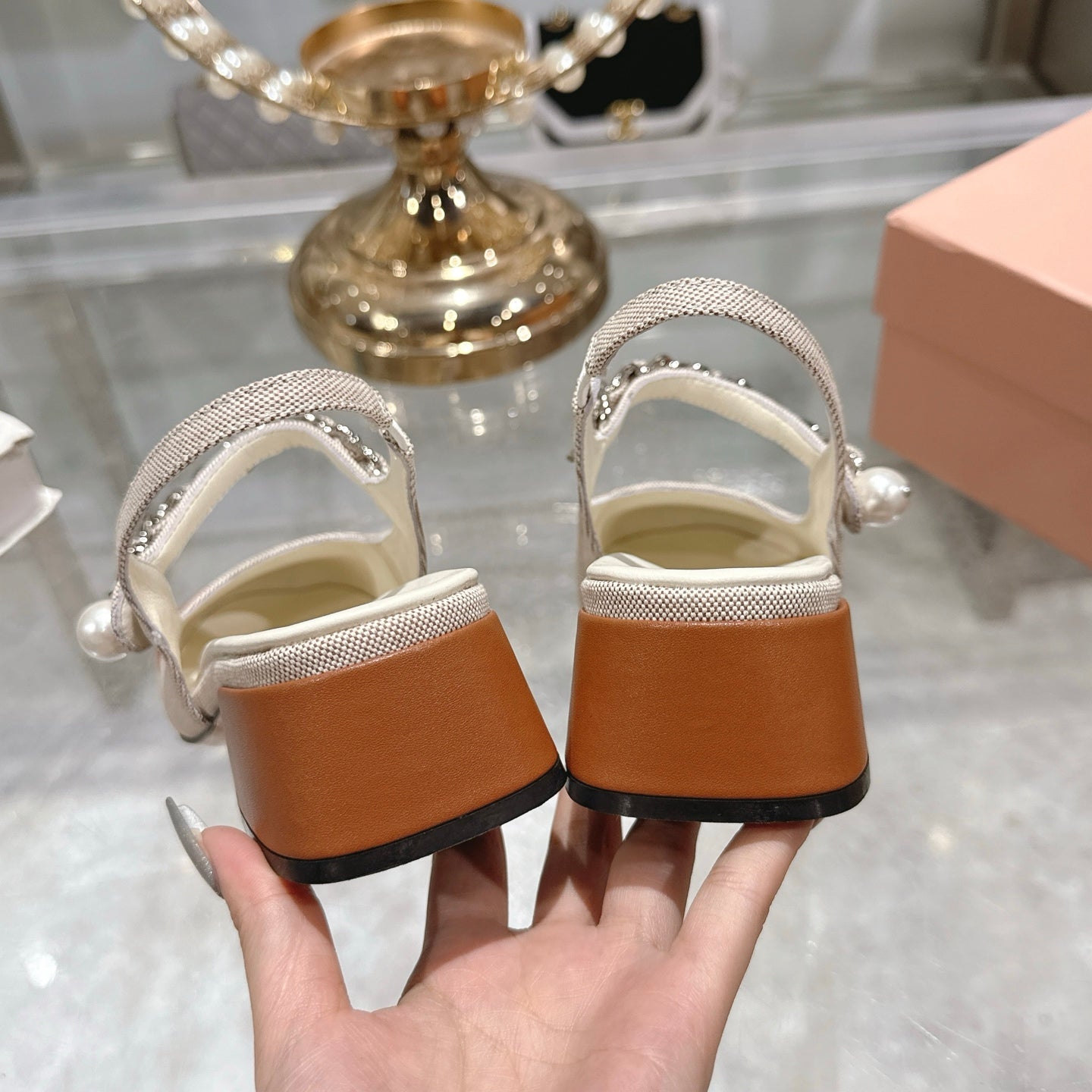 Miu 25C Slingback Pump 45MM Beige Cream mix Brown Fabric 235371