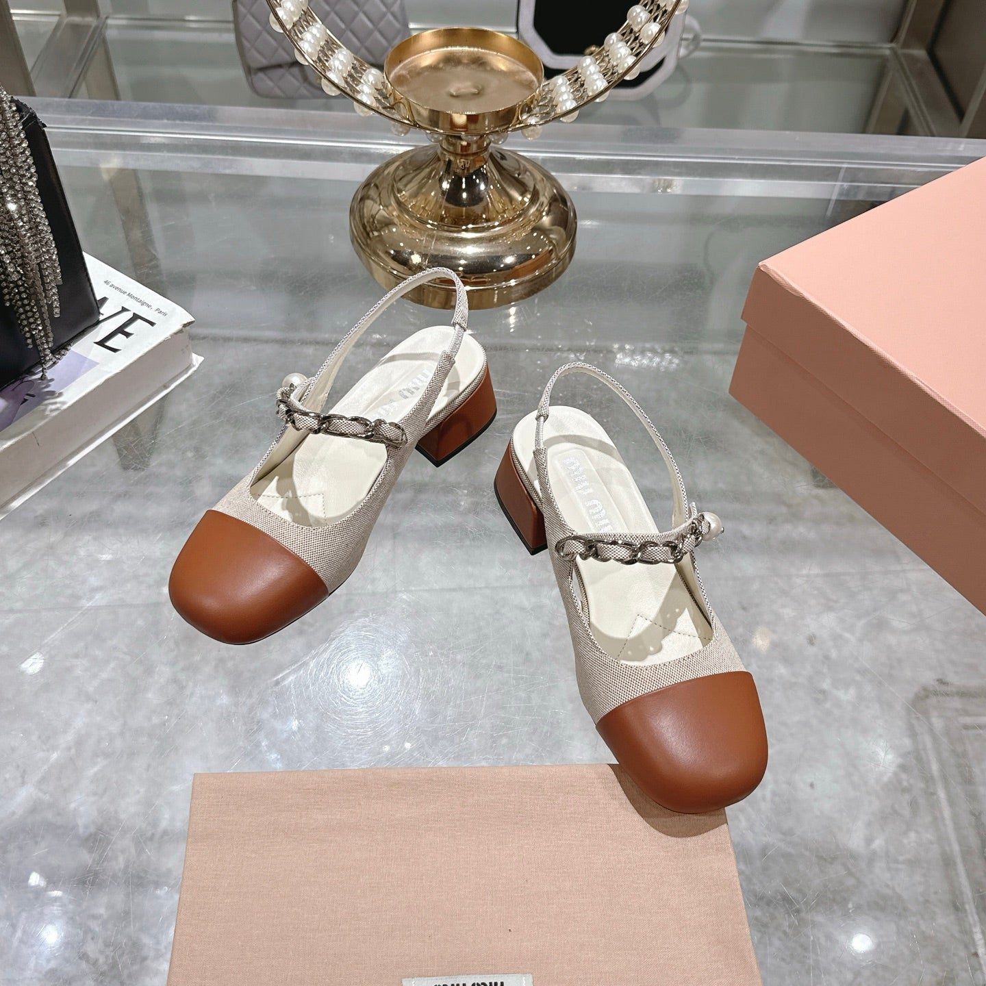 Miu 25C Slingback Pump 45MM Beige Cream mix Brown Fabric 235371