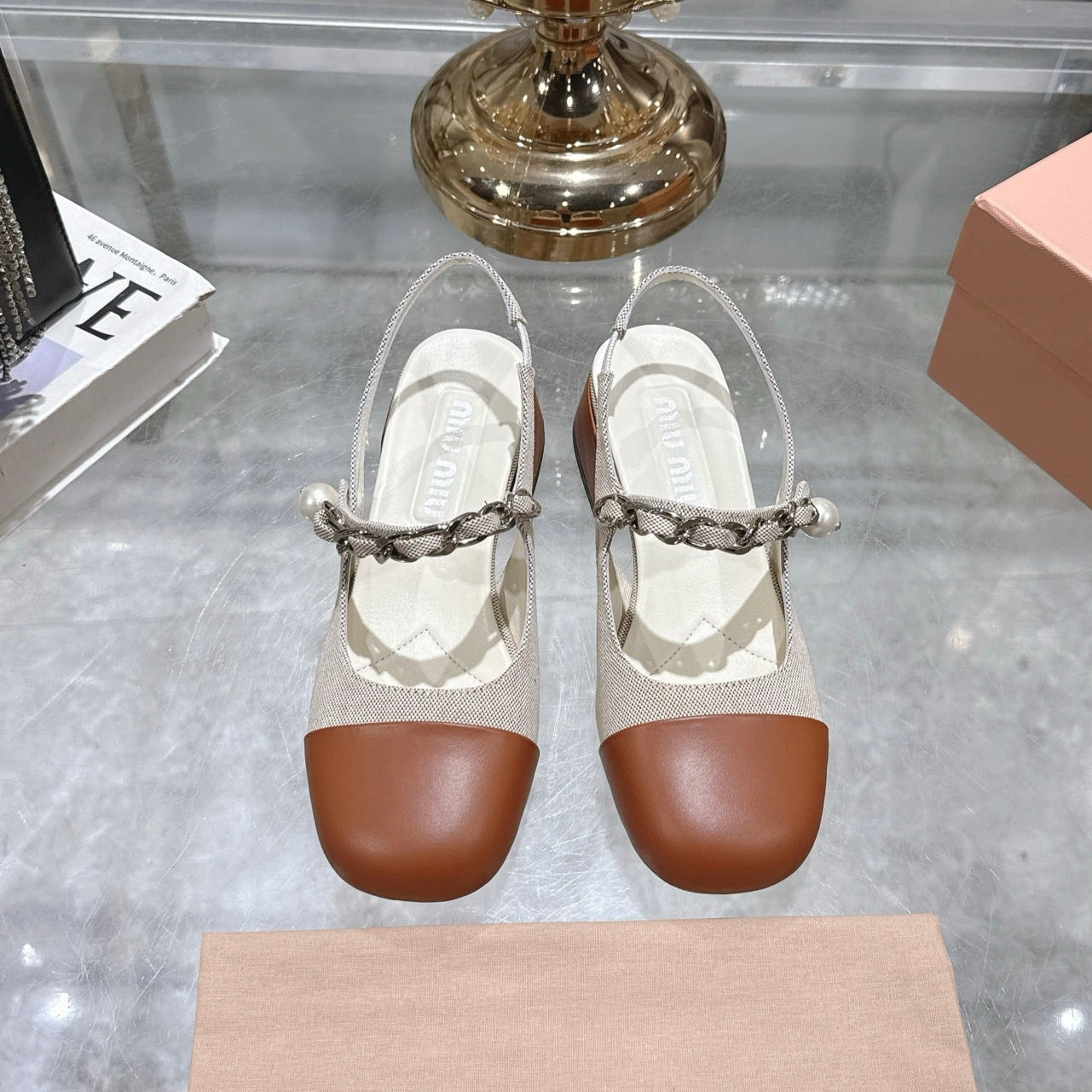 Miu 25C Slingback Pump 45MM Beige Cream mix Brown Fabric 235371