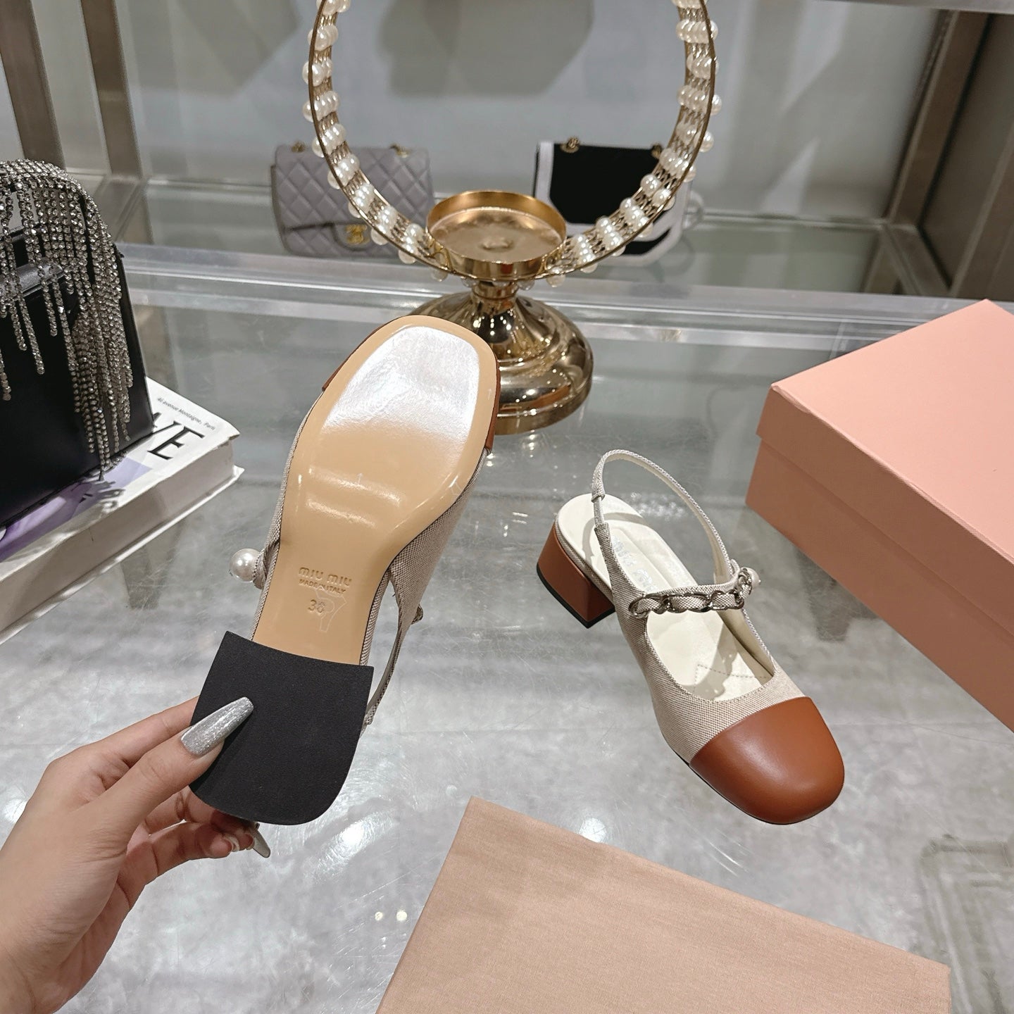 Miu 25C Slingback Pump 45MM Beige Cream mix Brown Fabric 235371