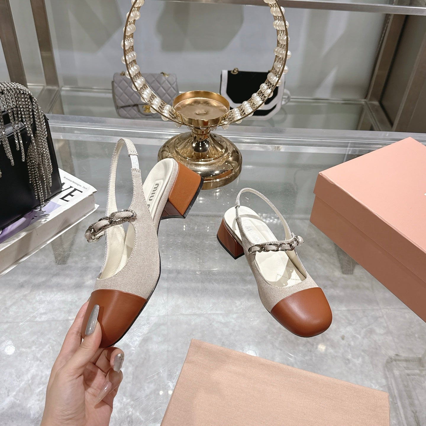 Miu 25C Slingback Pump 45MM Beige Cream mix Brown Fabric 235371