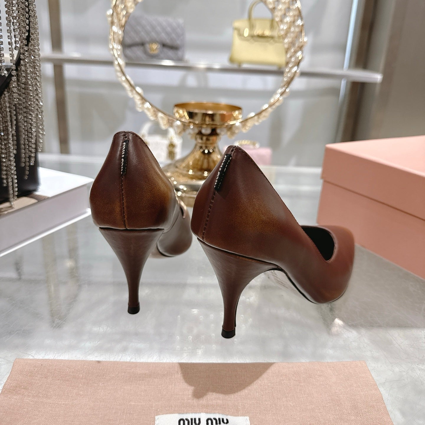 Miu High Heel Pumps Brown Sheepskin 592077