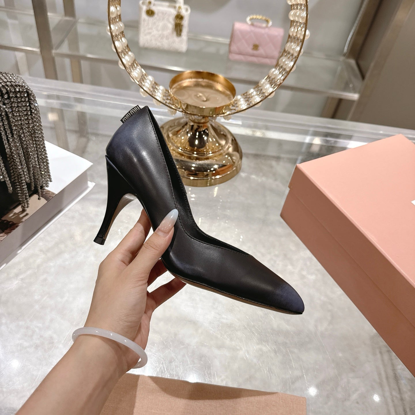 Miu High Heel Pumps Black Sheepskin 592078