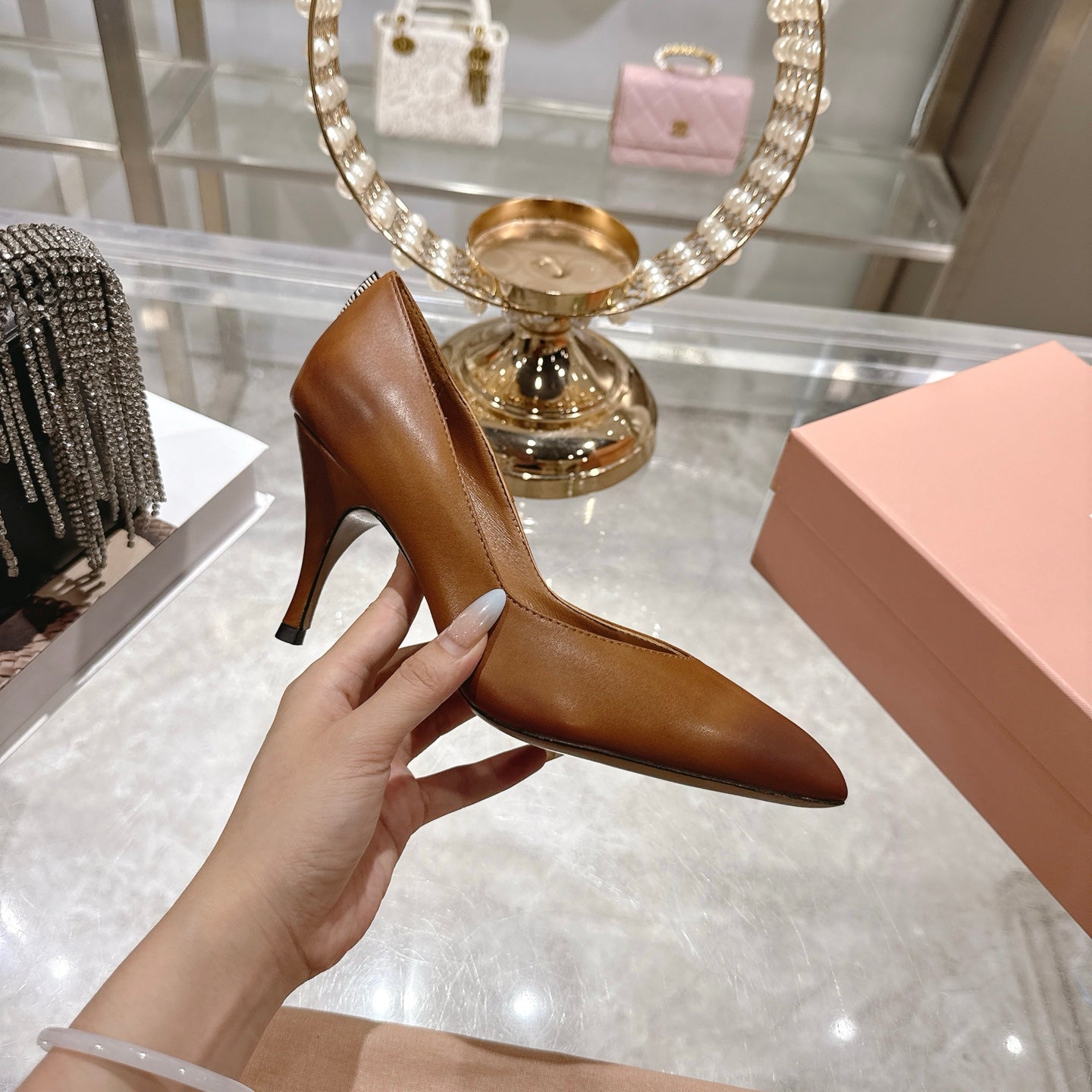 Miu High Heel Pumps Camel Brown Sheepskin 592079