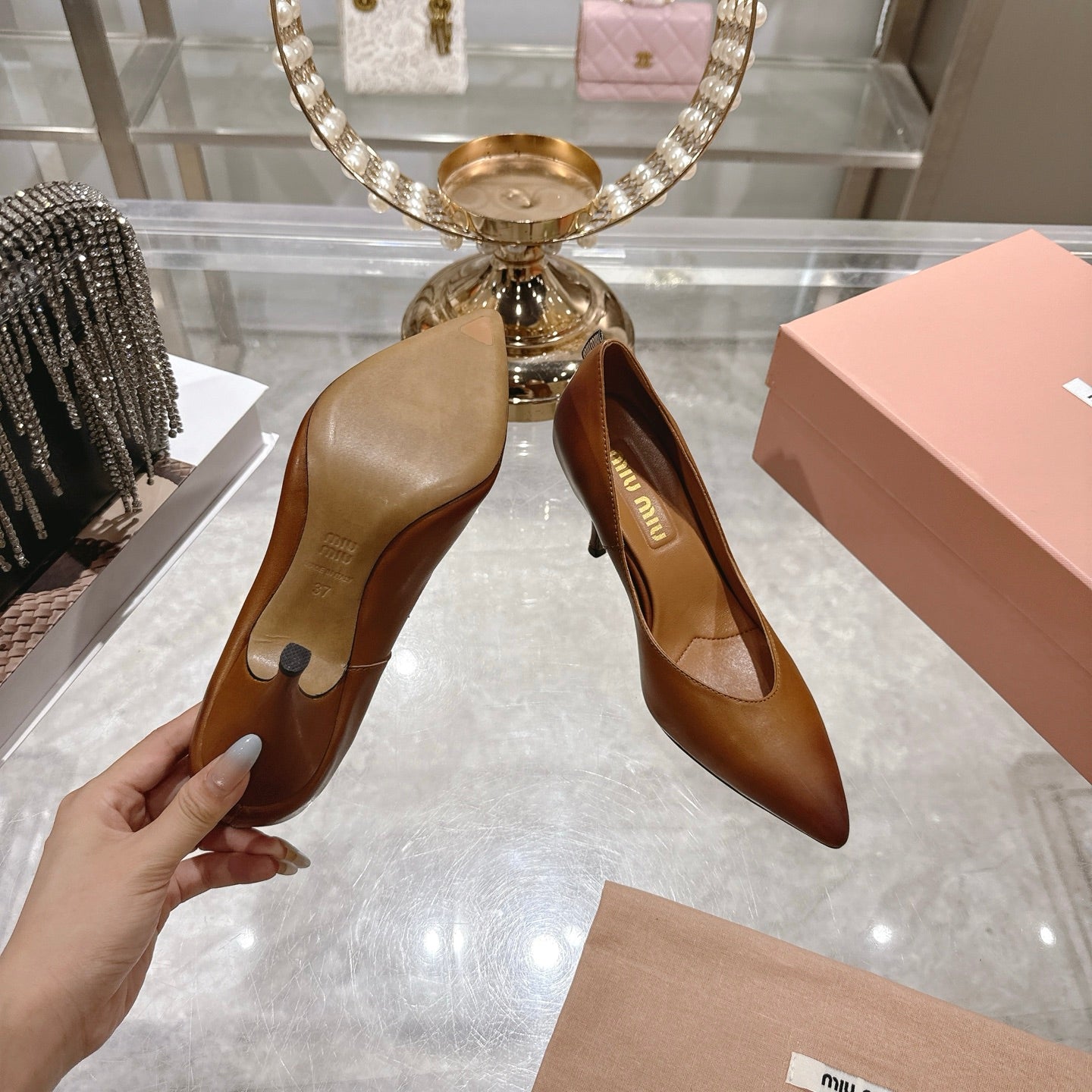 Miu High Heel Pumps Camel Brown Sheepskin 592079