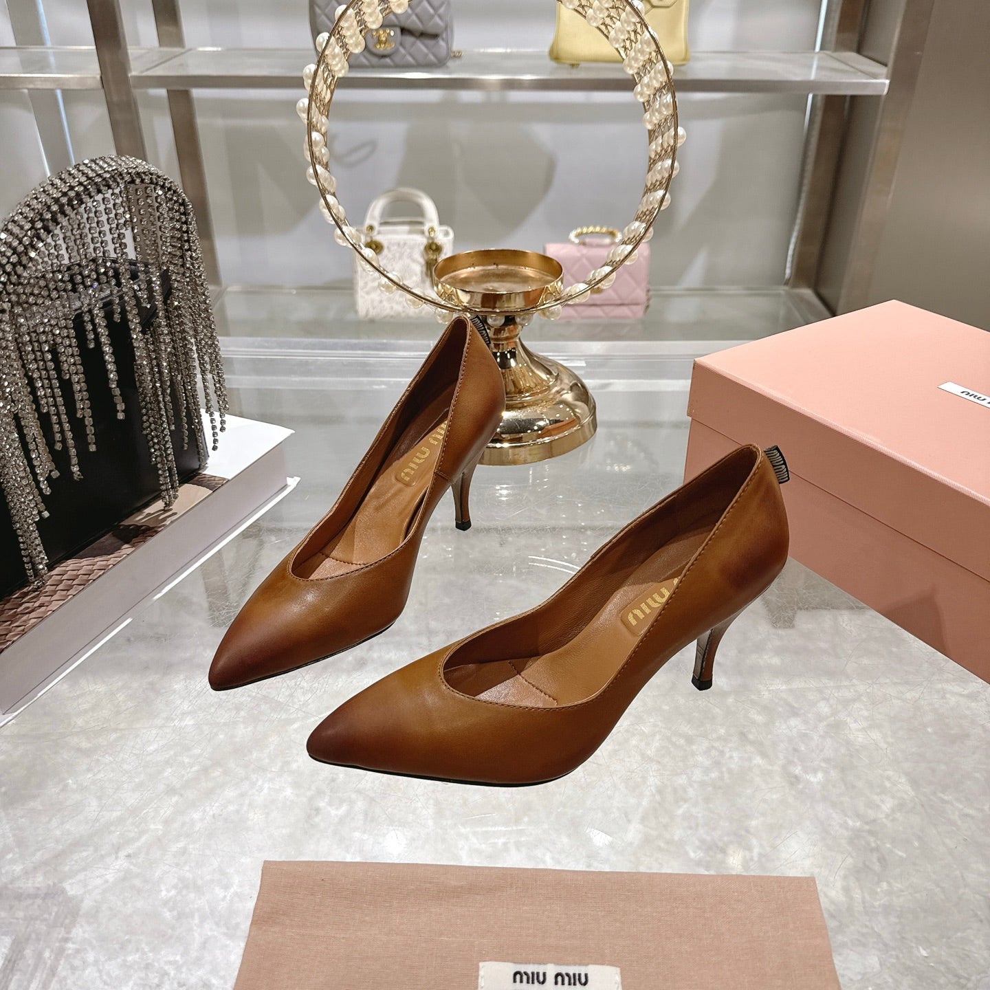 Miu High Heel Pumps Camel Brown Sheepskin 592079