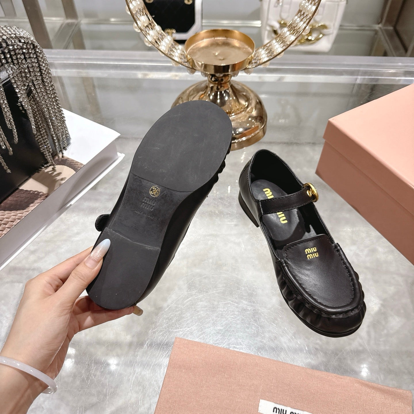 Miu Mary Jane Ballet Flats Black Leather 592041