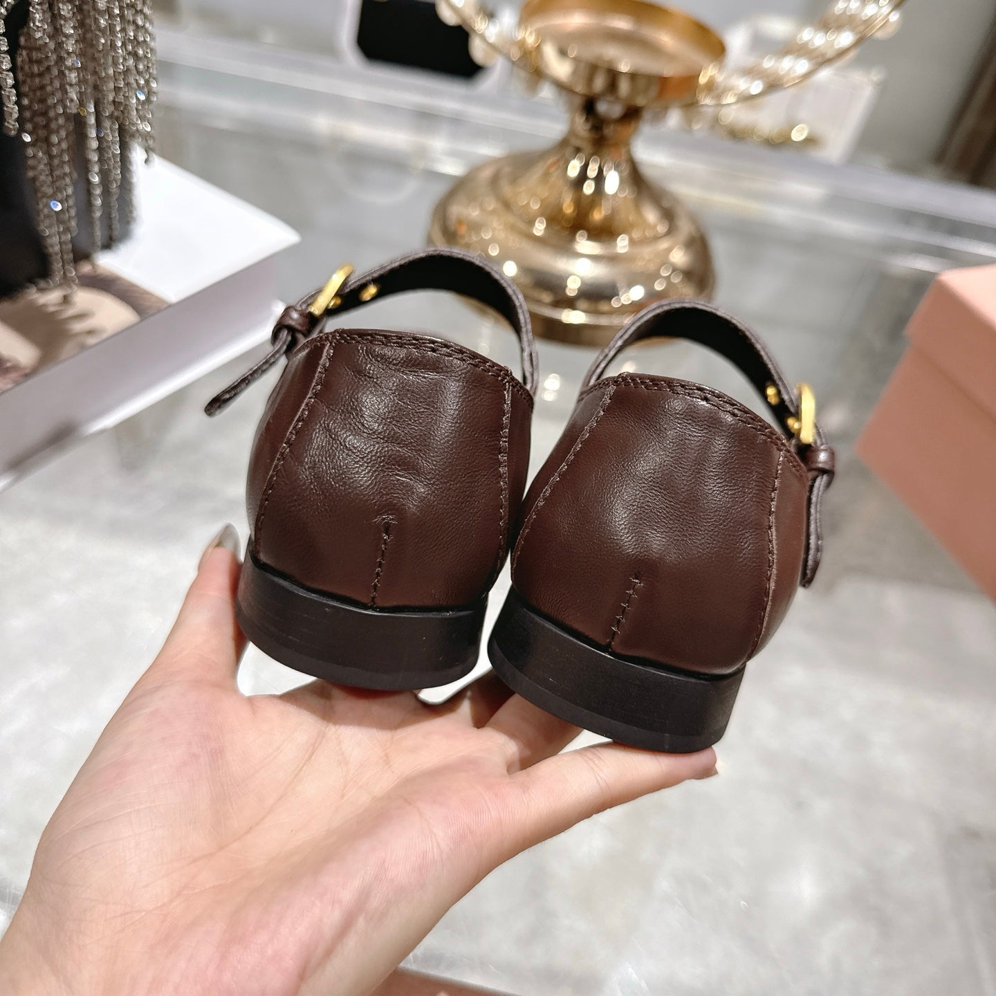 Miu Mary Jane Ballet Flats Brown Leather 592042