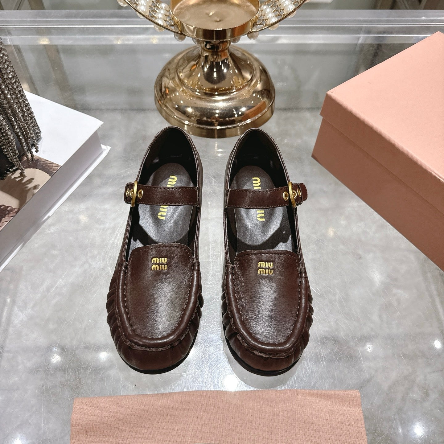 Miu Mary Jane Ballet Flats Brown Leather 592042