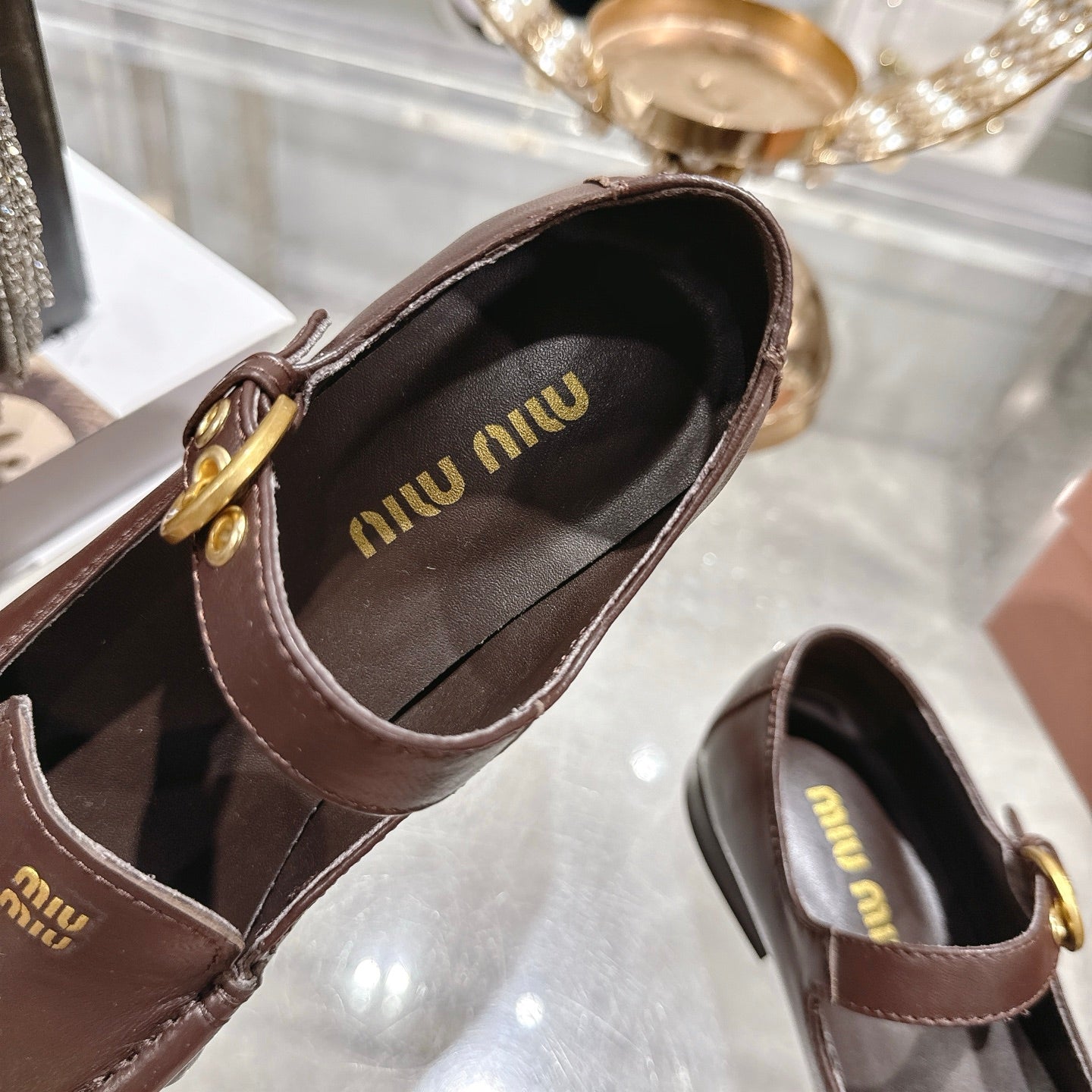 Miu Mary Jane Ballet Flats Brown Leather 592042