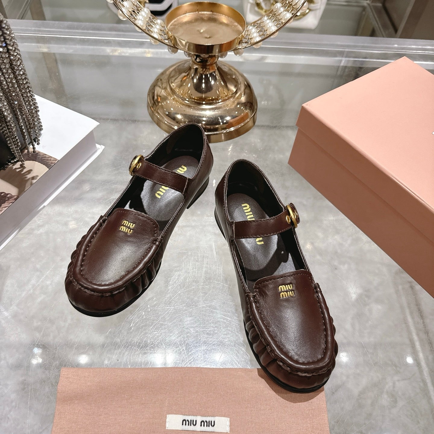 Miu Mary Jane Ballet Flats Brown Leather 592042