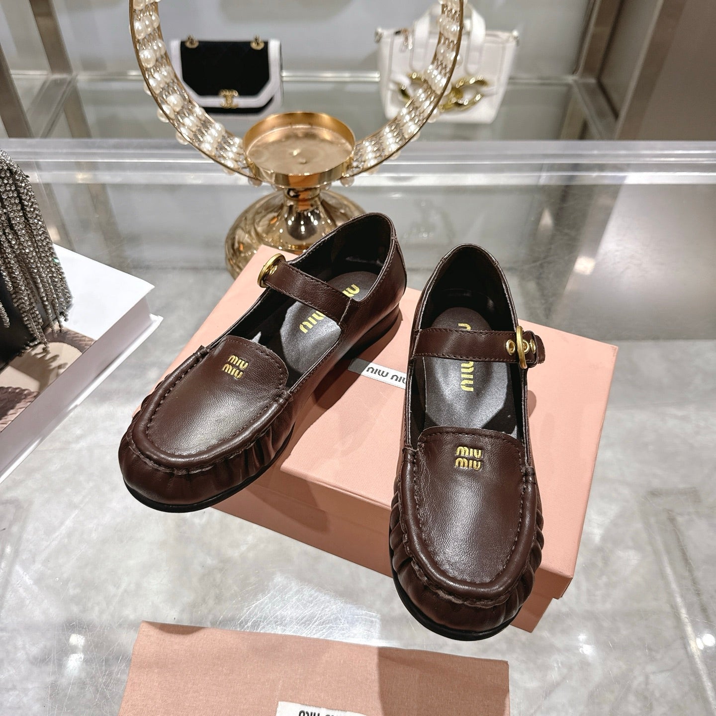 Miu Mary Jane Ballet Flats Brown Leather 592042