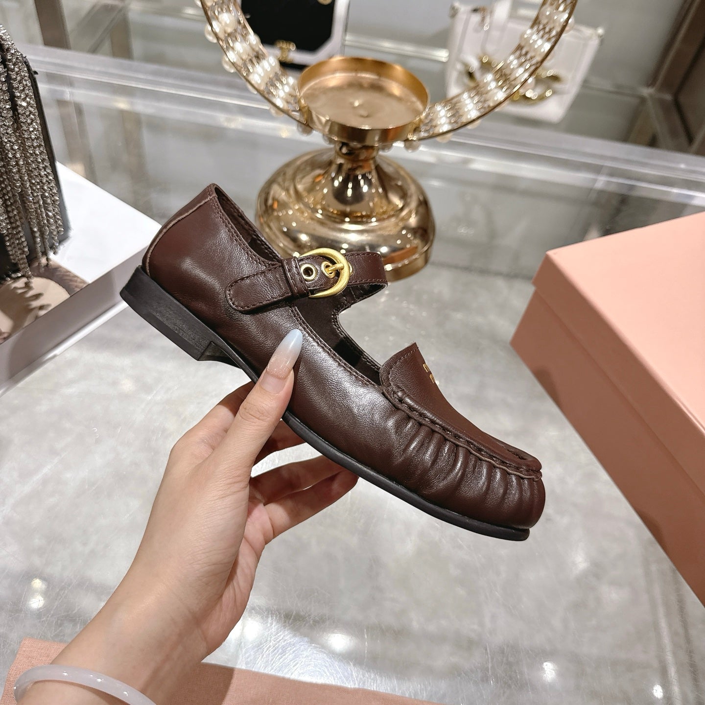 Miu Mary Jane Ballet Flats Brown Leather 592042