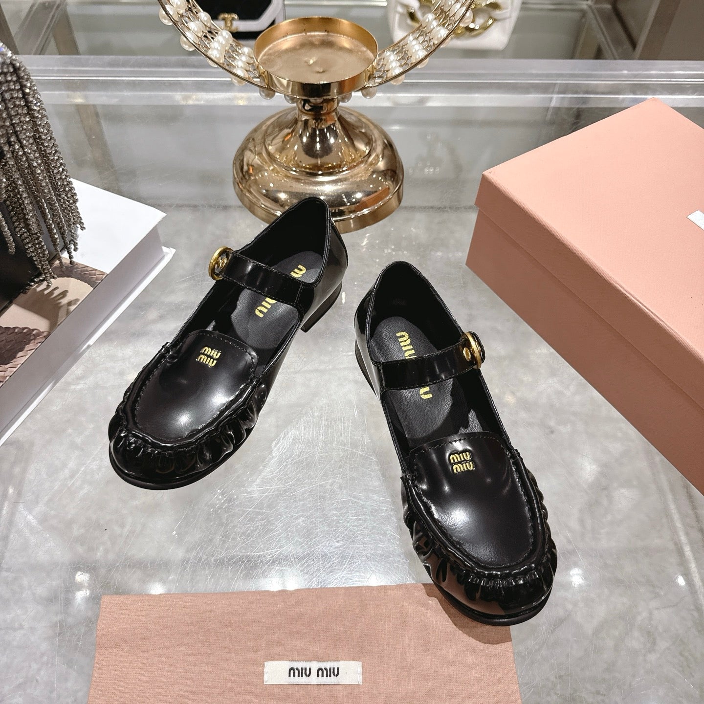 Miu Mary Jane Ballet Flats Black Calfskin 592043