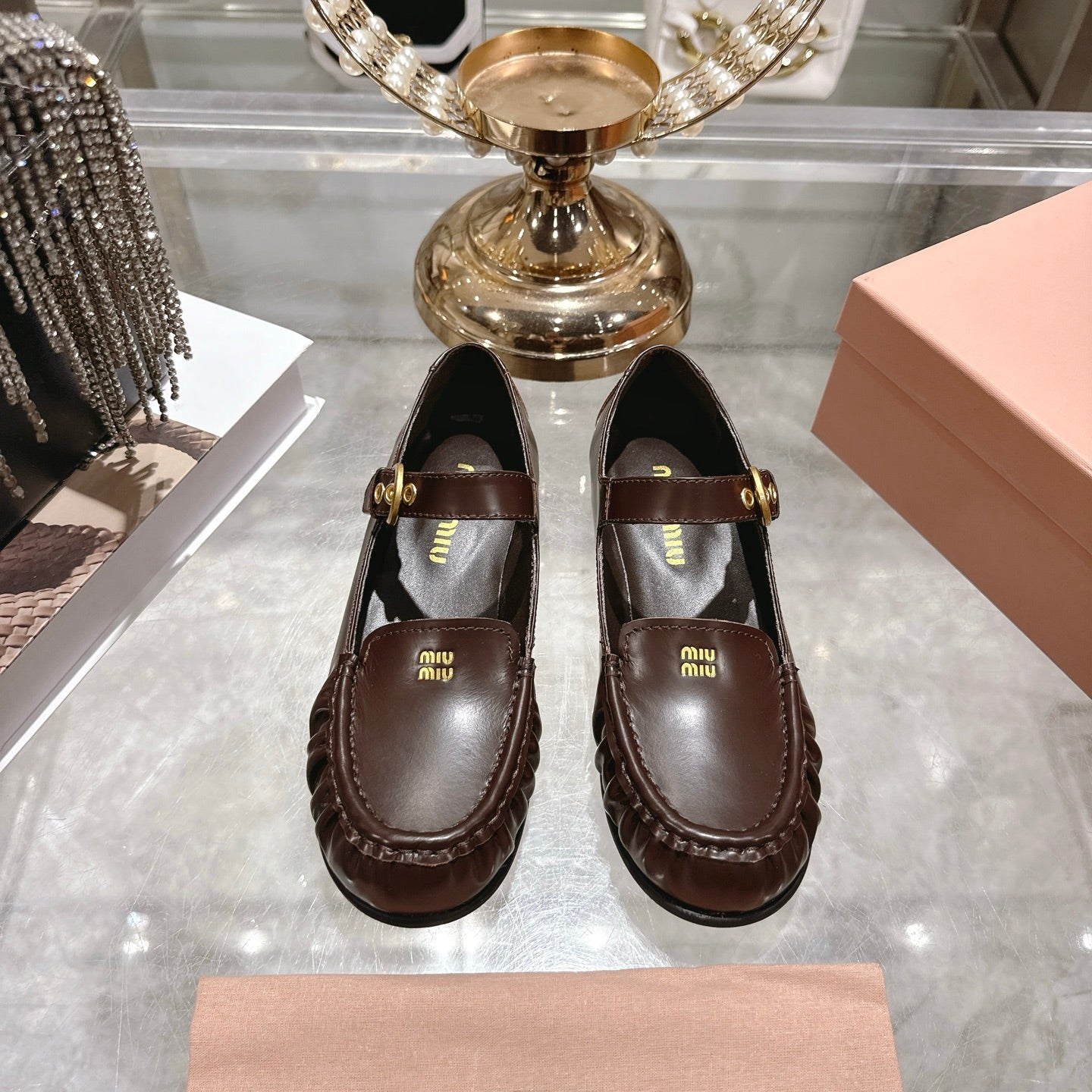 Miu Mary Jane Ballet Flats Brown Calfskin 592044