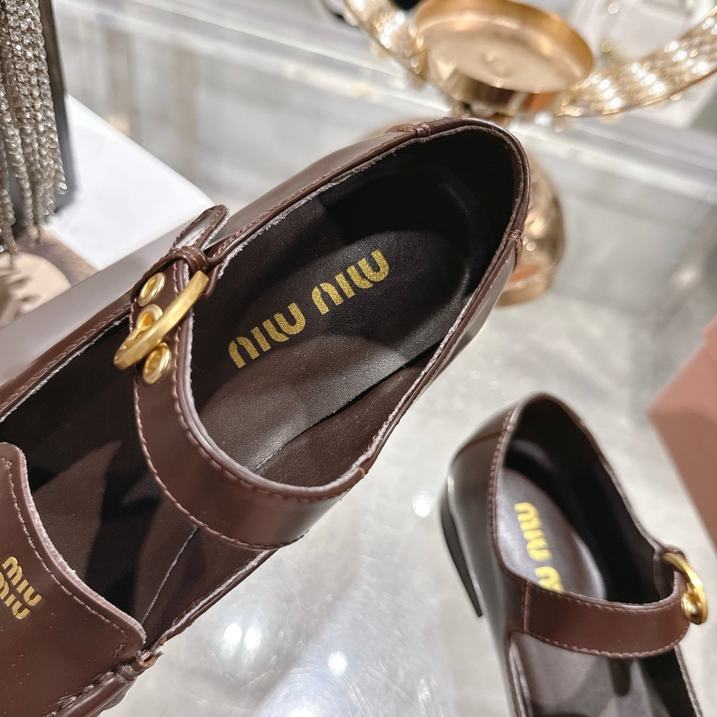 Miu Mary Jane Ballet Flats Brown Calfskin 592044