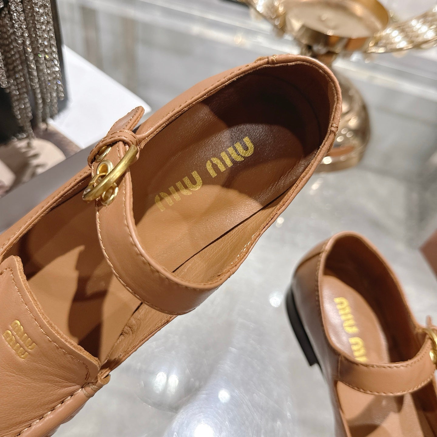 Miu Mary Jane Ballet Flats Camel Brown Calfskin 592045