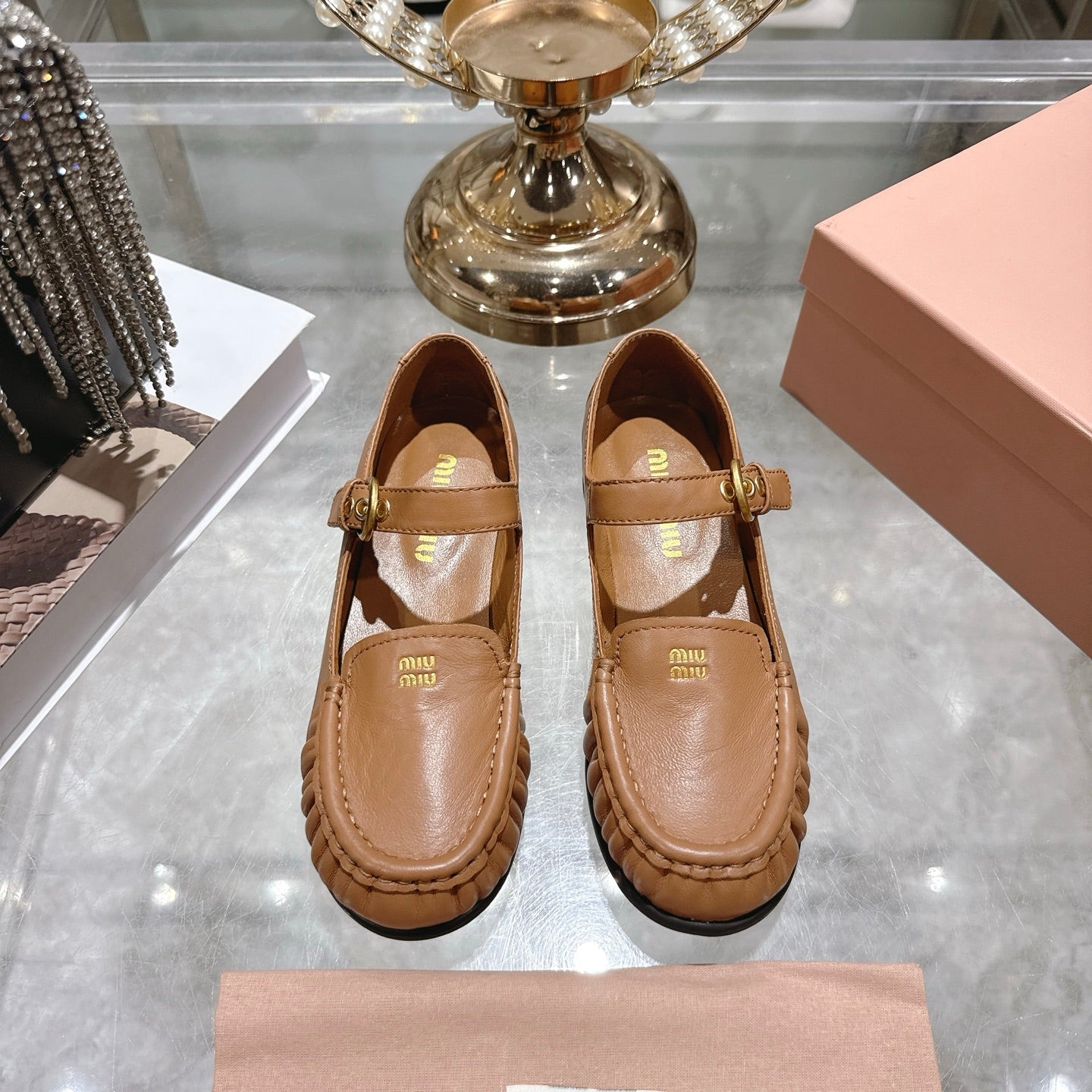 Miu Mary Jane Ballet Flats Camel Brown Calfskin 592045