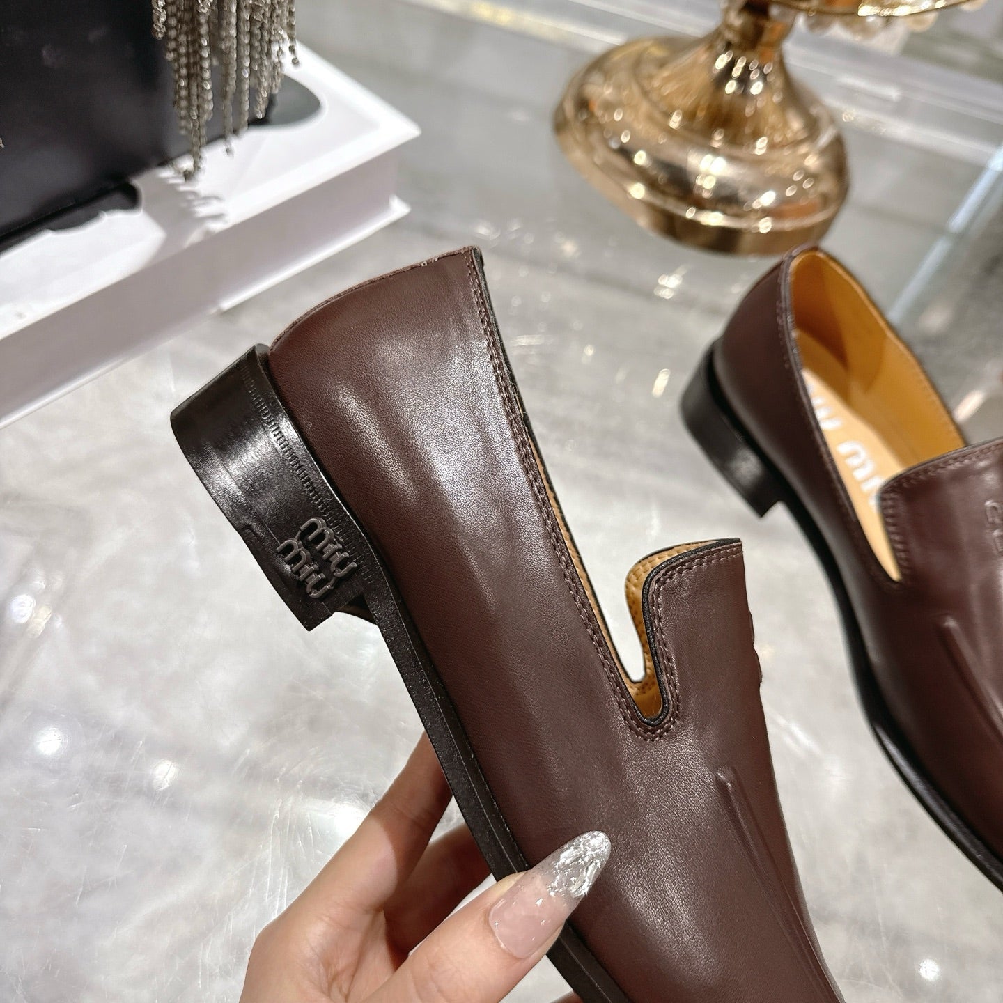 Miu Distressed Loafers Brown Cowhide 592053