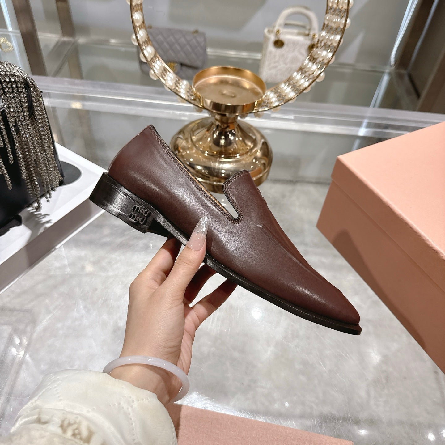 Miu Distressed Loafers Brown Cowhide 592053