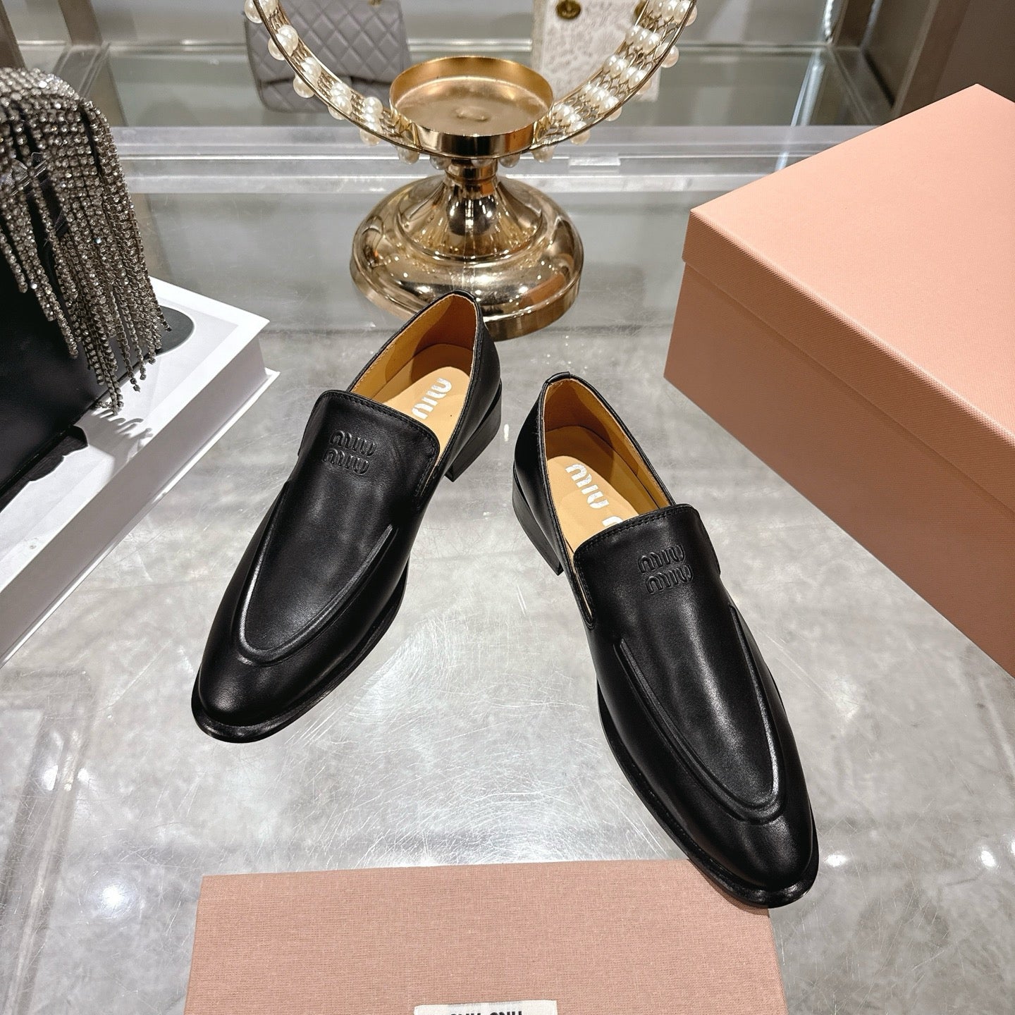 Miu Distressed Loafers Black Cowhide 592054