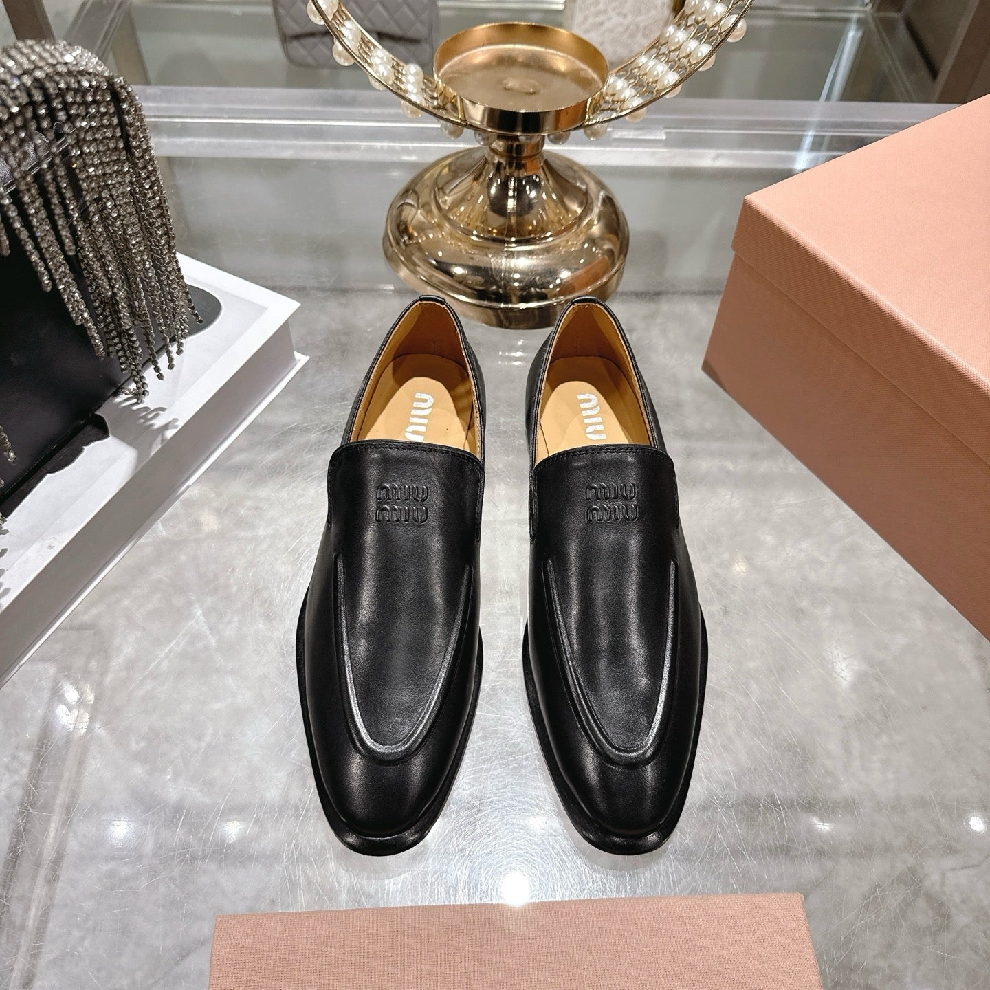 Miu Distressed Loafers Black Cowhide 592054