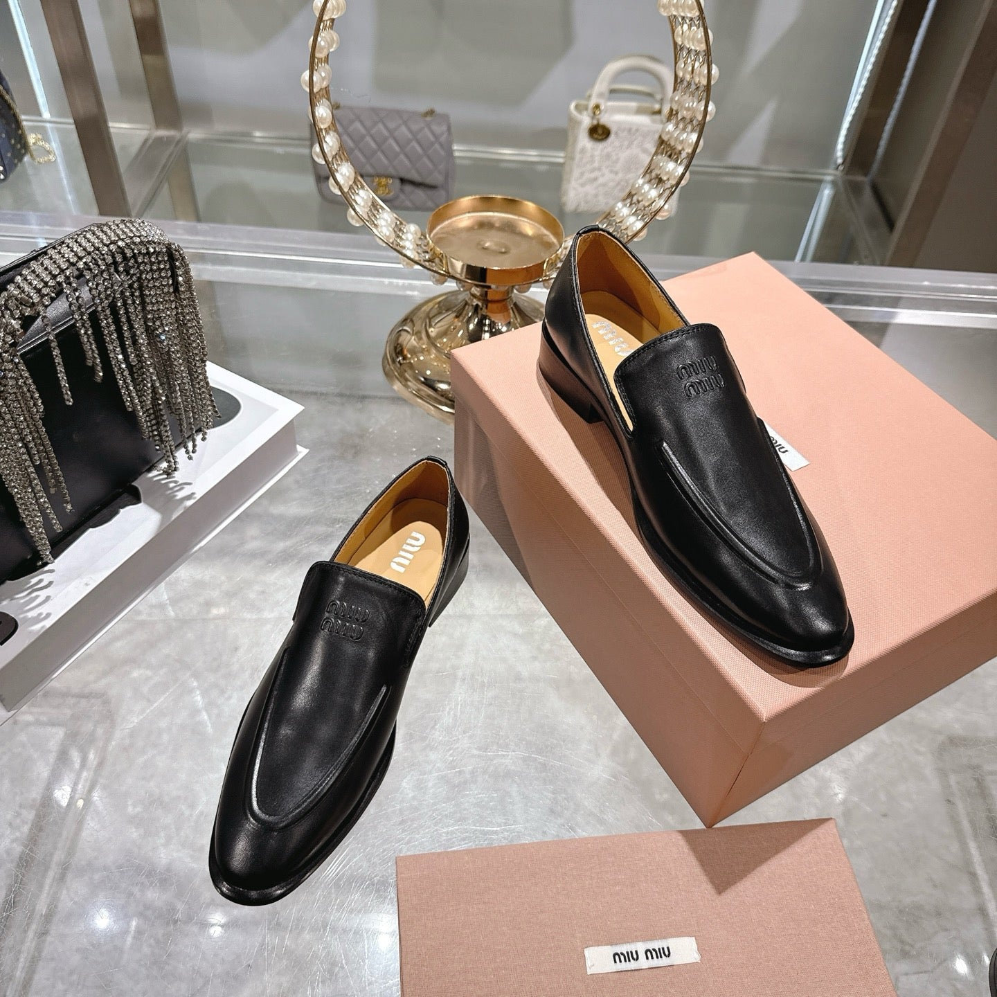 Miu Distressed Loafers Black Cowhide 592054