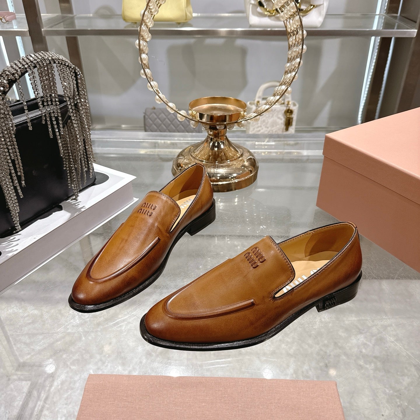 Miu Distressed Loafers Camel Brown Cowhide 592055