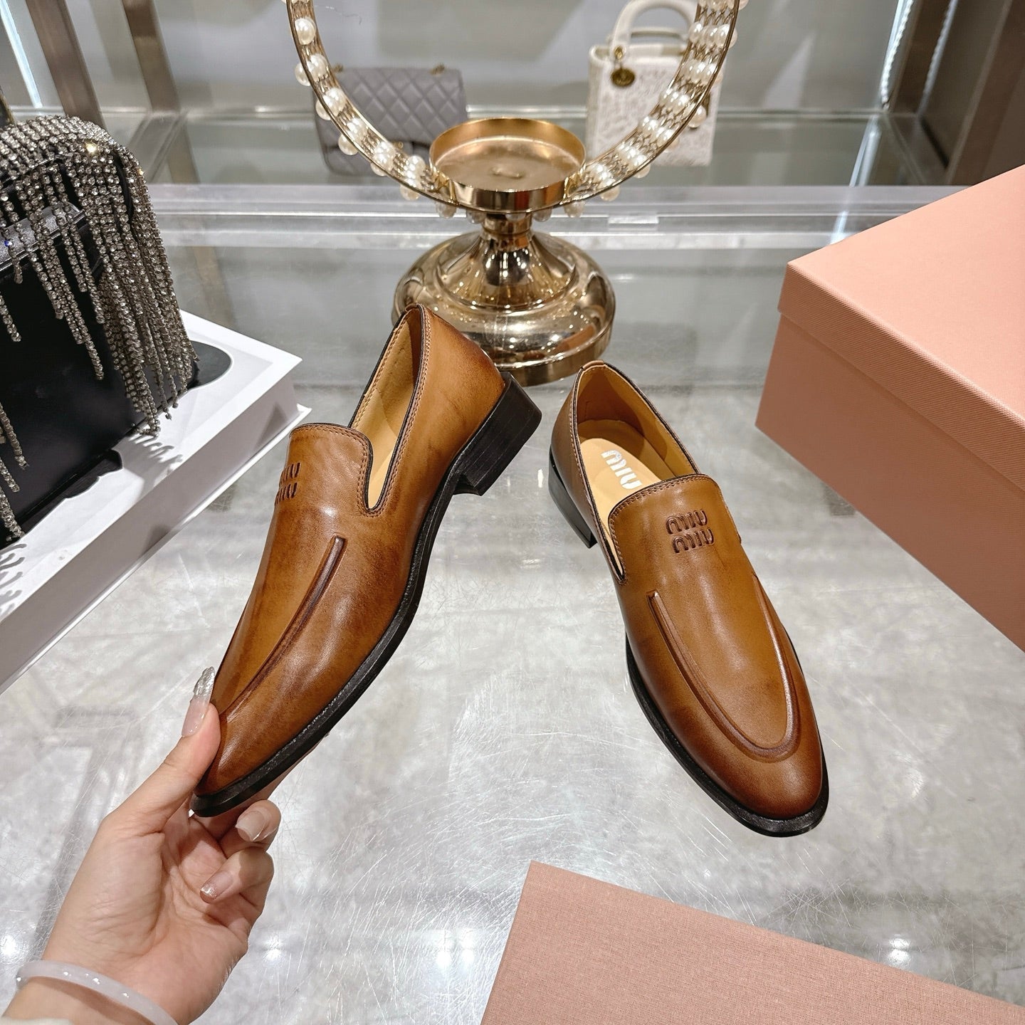 Miu Distressed Loafers Camel Brown Cowhide 592055