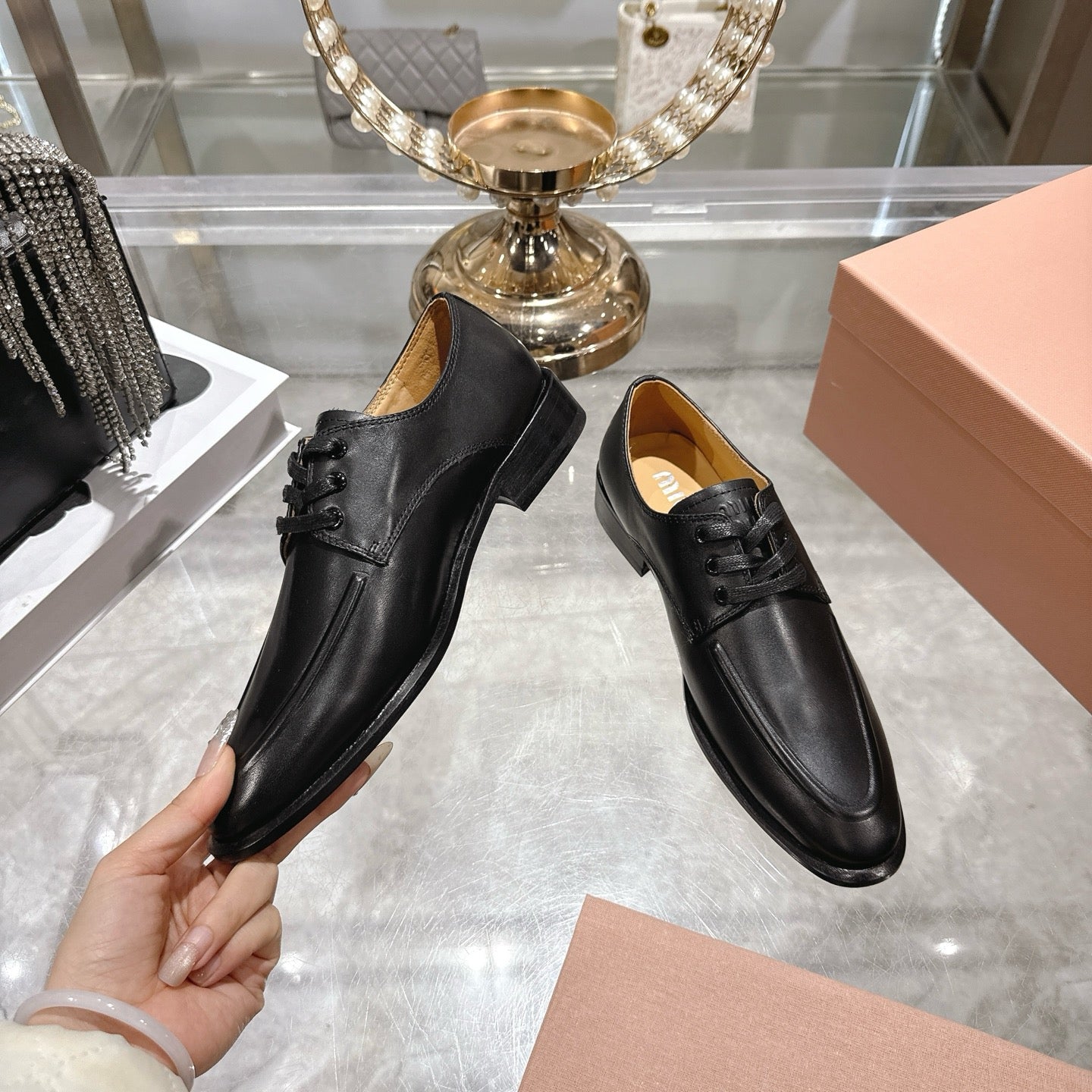 Miu Distressed Loafers Black Cowhide 592056