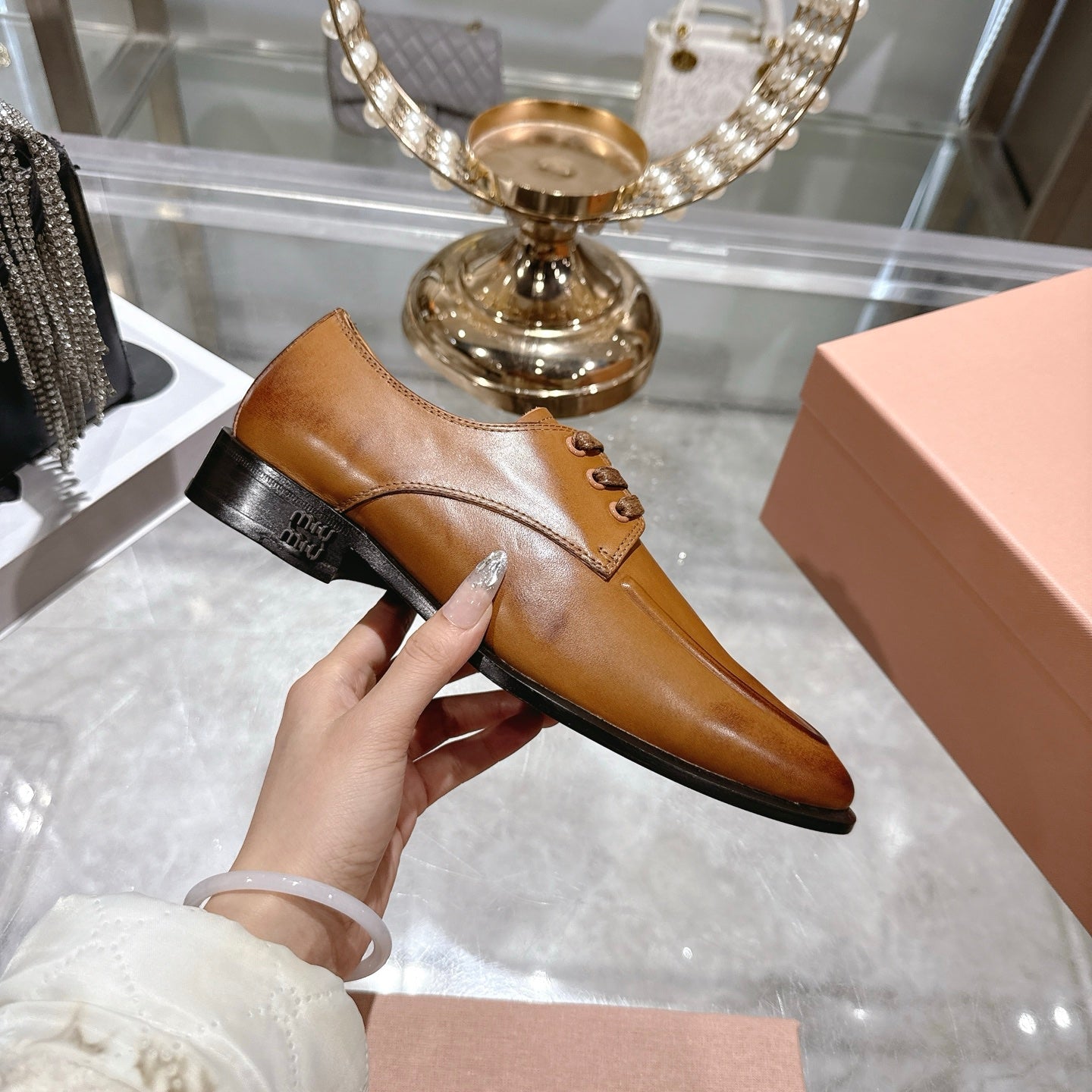 Miu Distressed Loafers Camel Brown Cowhide 592057