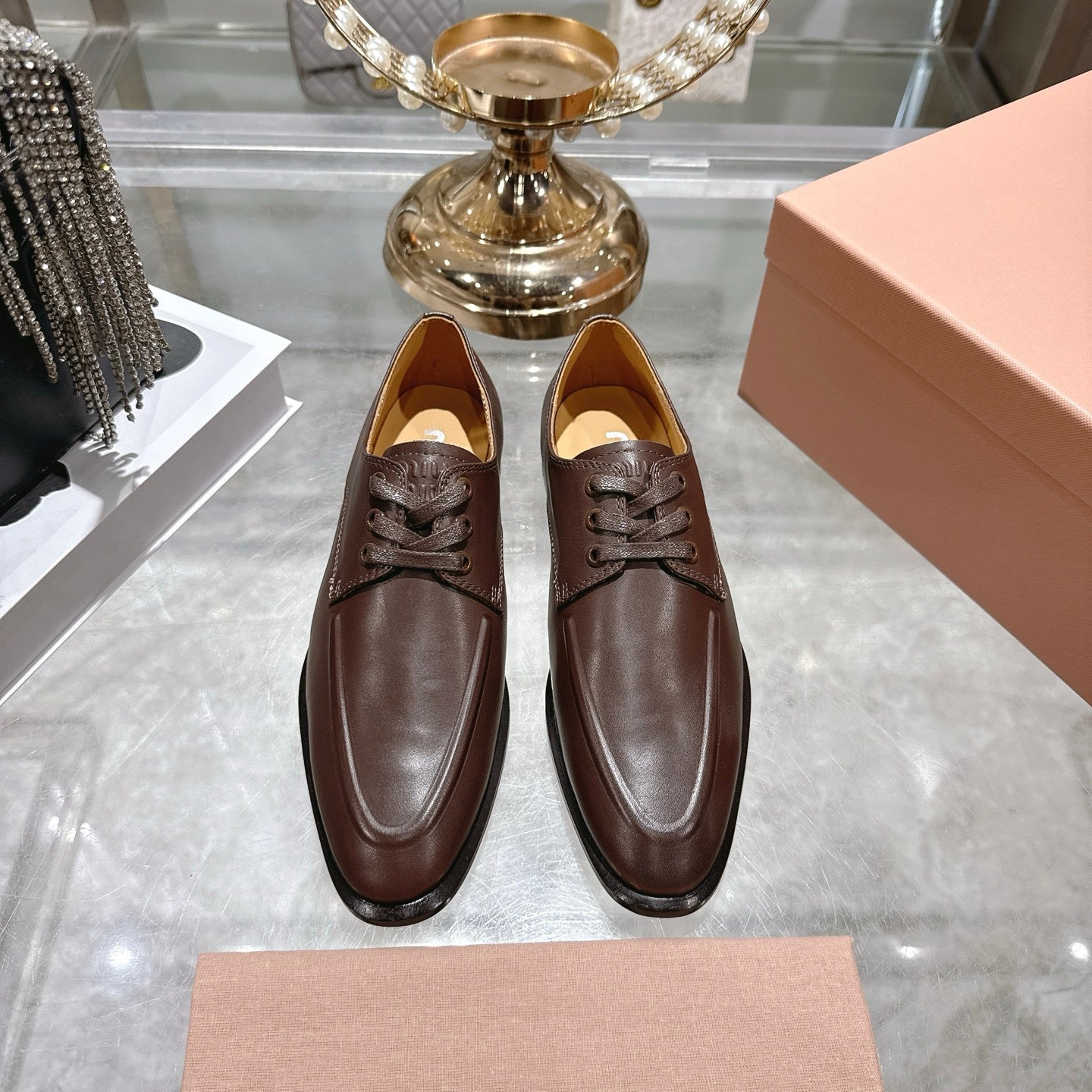 Miu Distressed Loafers  Brown Cowhide 592058