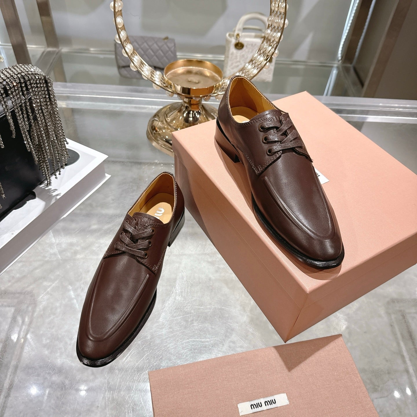 Miu Distressed Loafers  Brown Cowhide 592058