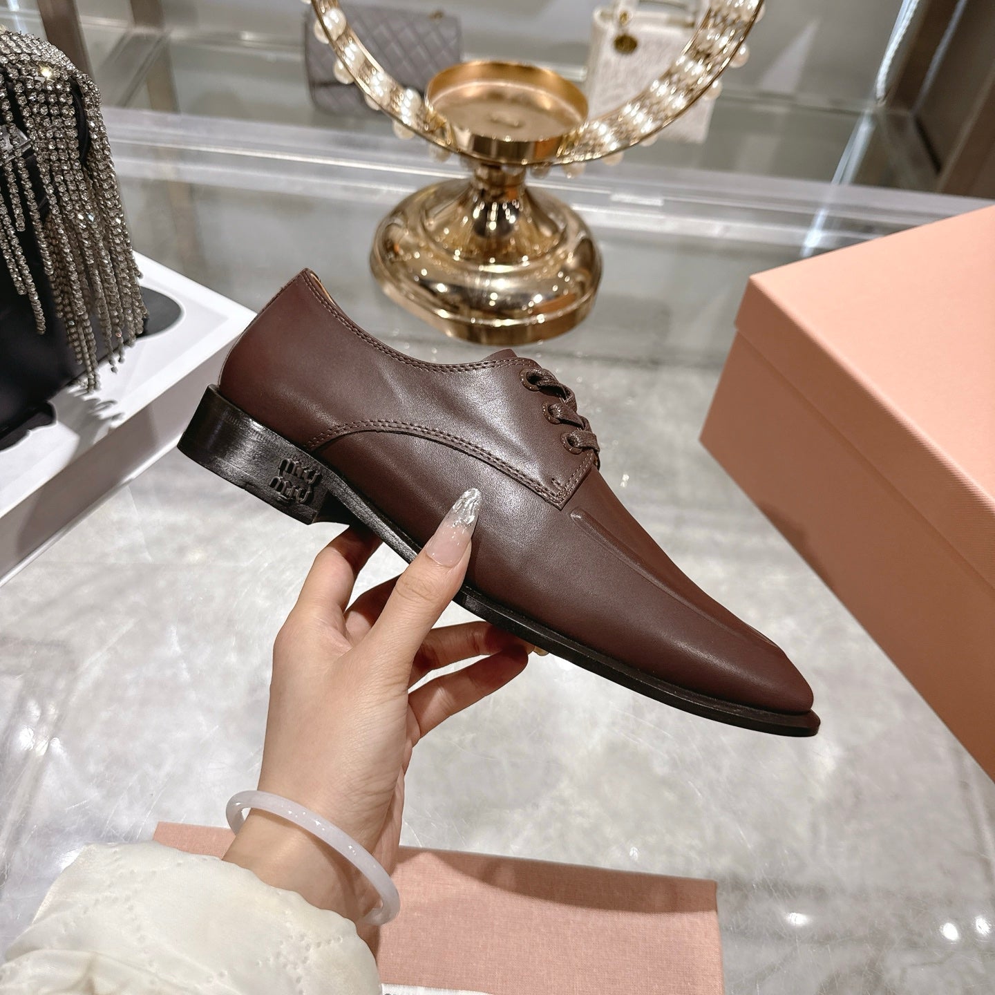 Miu Distressed Loafers  Brown Cowhide 592058