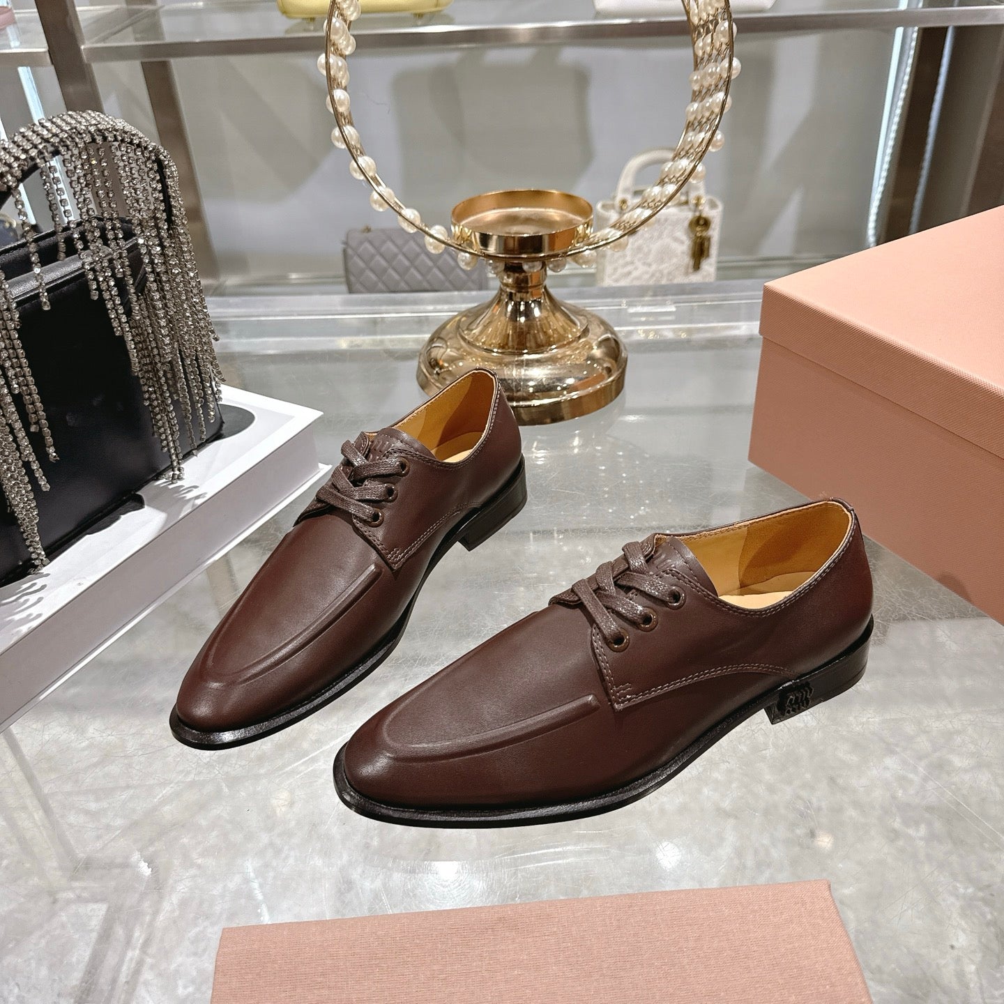 Miu Distressed Loafers  Brown Cowhide 592058